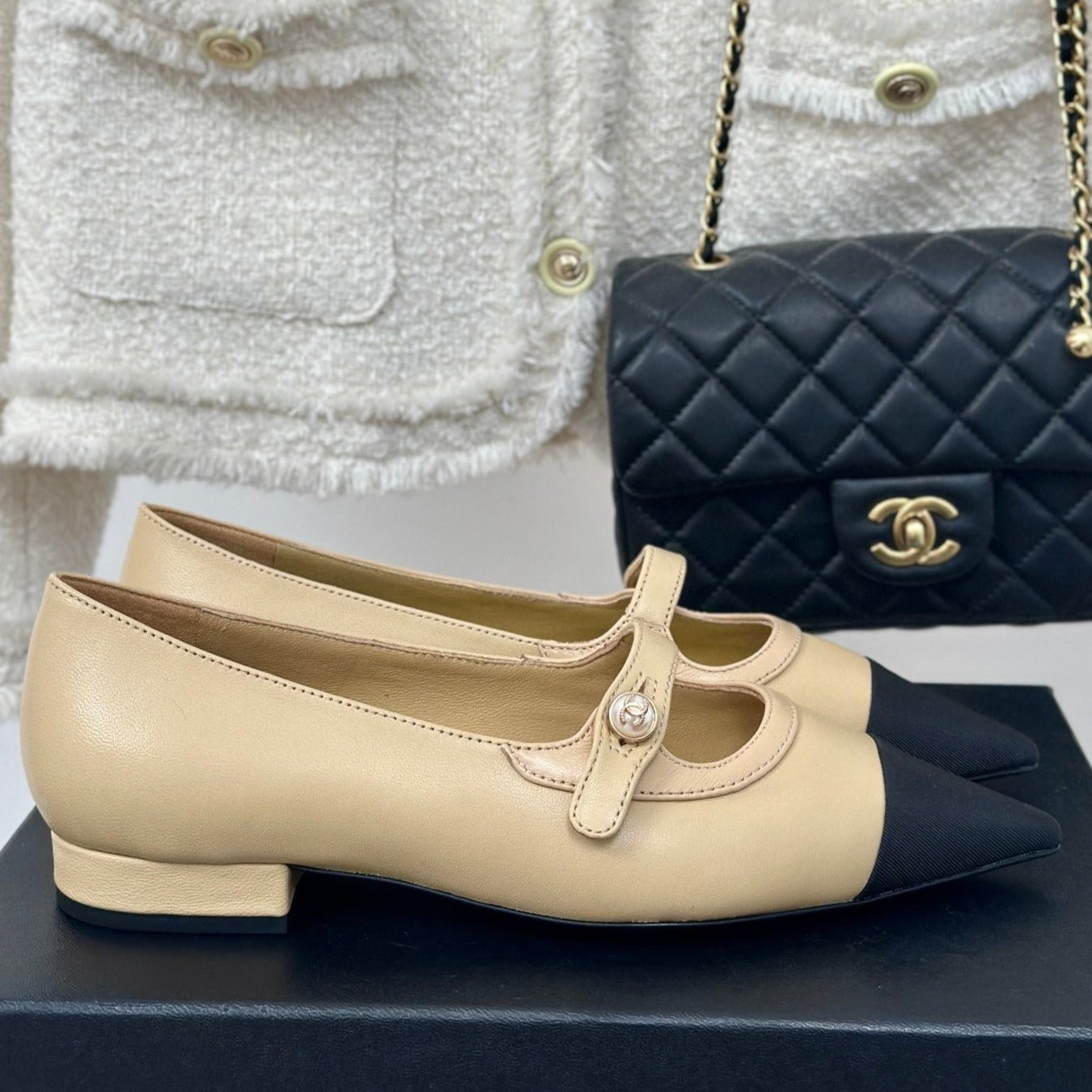 cc mary jane pointed toe beige calfskin black grosgrain