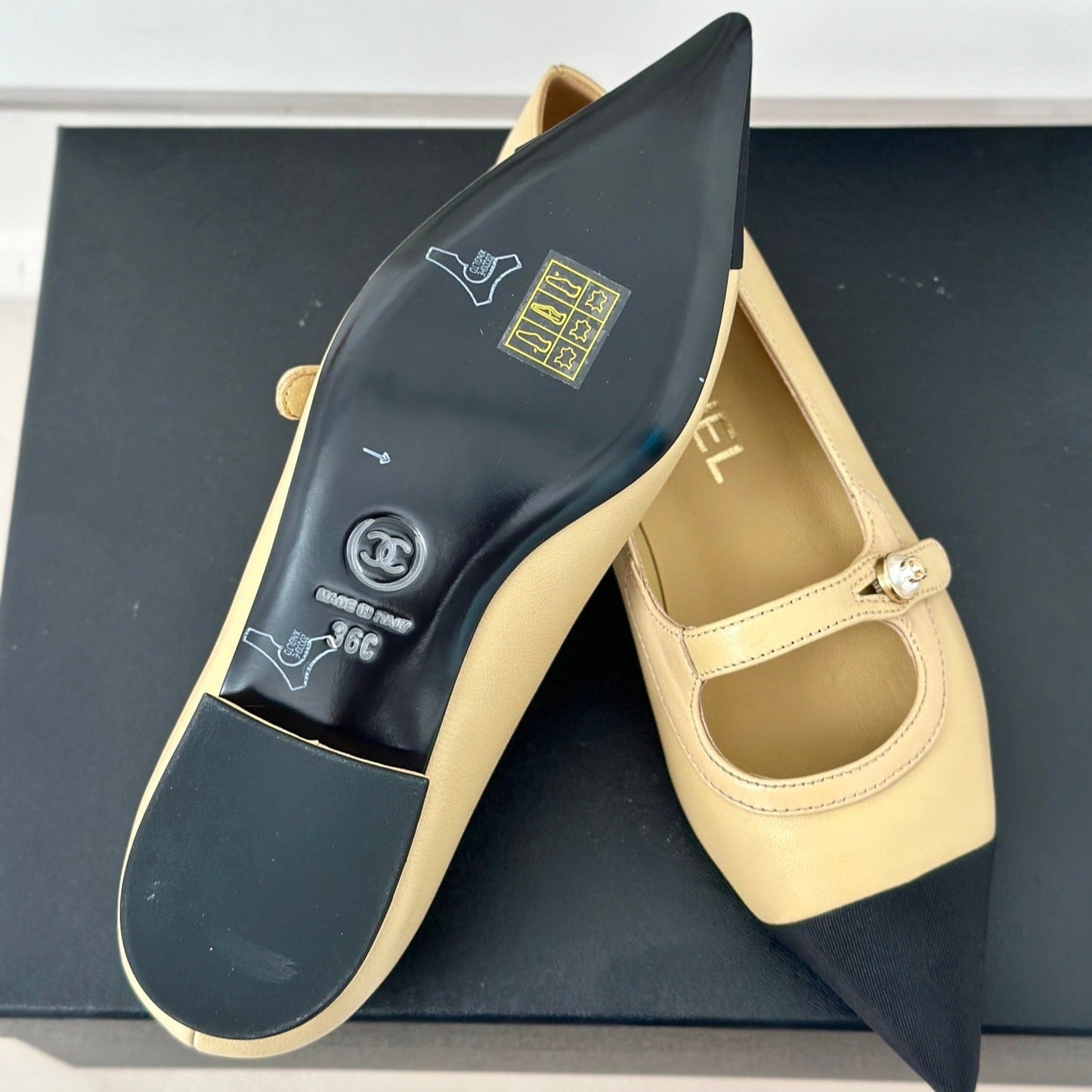 cc mary jane pointed toe beige calfskin black grosgrain