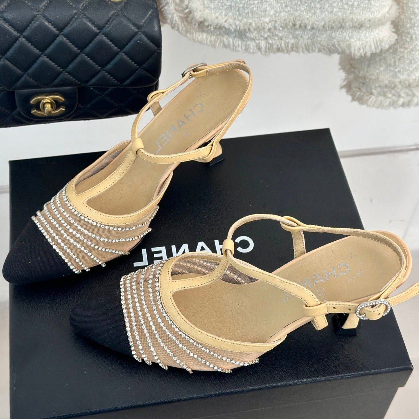 Crystal Flat High Heel Sandals Beige Cream