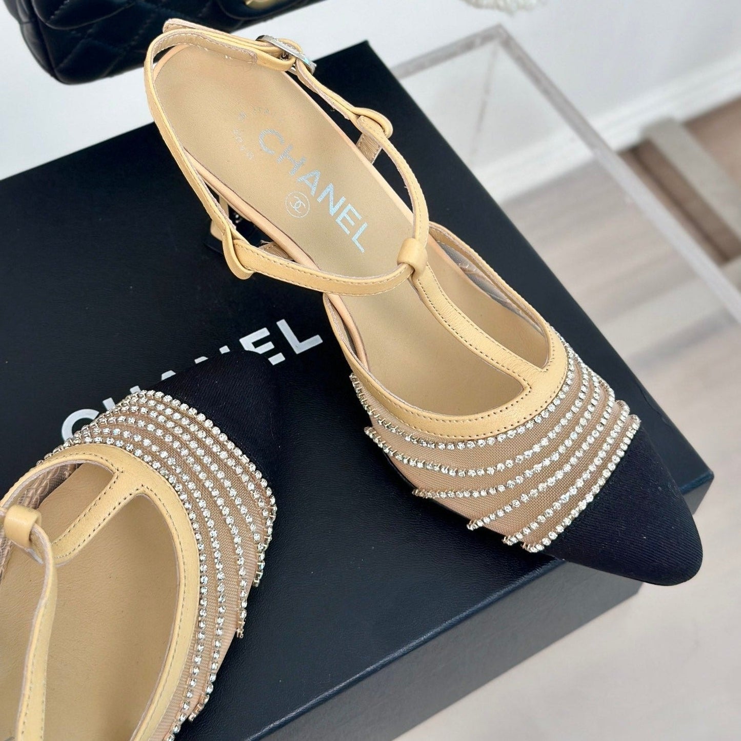 Crystal Flat High Heel Sandals Beige Cream