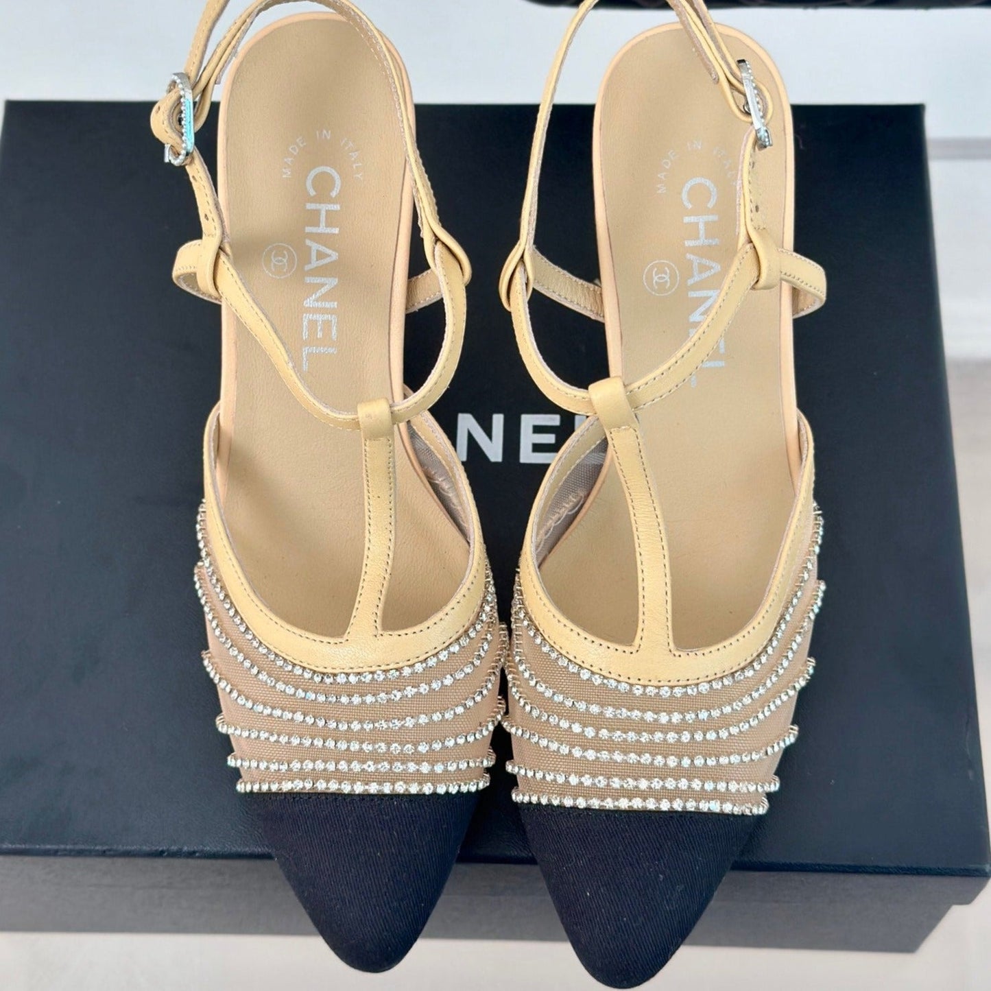 Crystal Flat High Heel Sandals Beige Cream