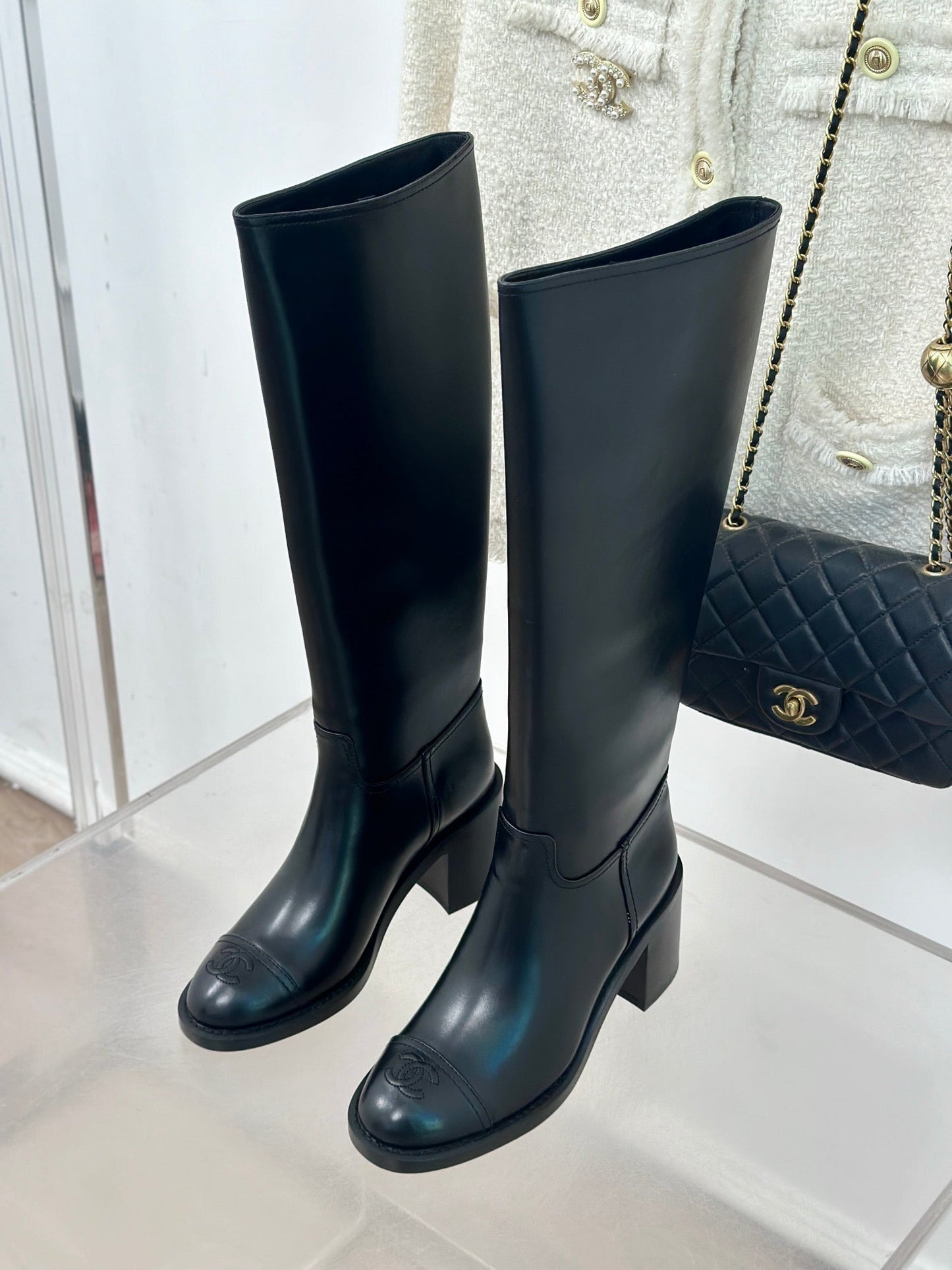 CC High Boots 70mm Plain Black Lambskin