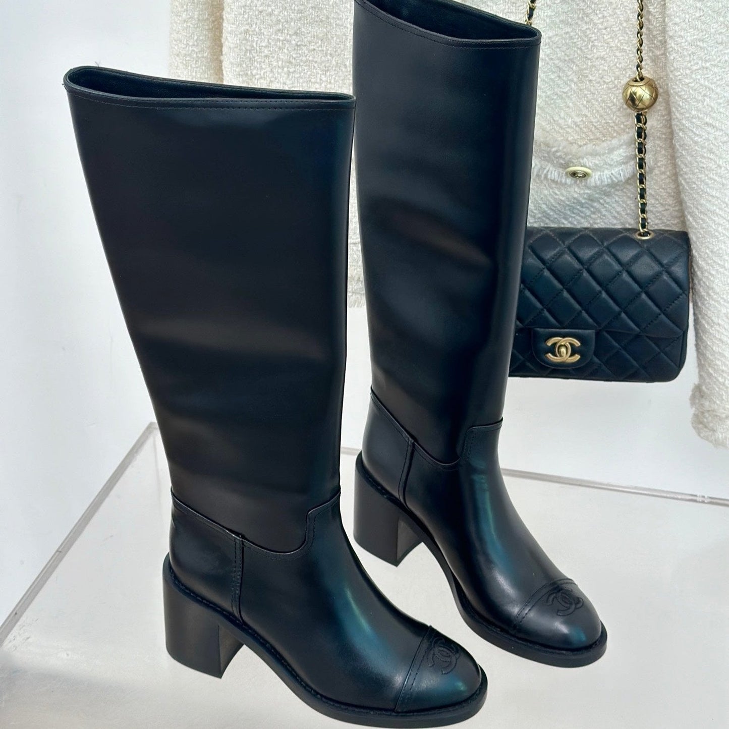 CC High Boots 70mm Plain Black Lambskin