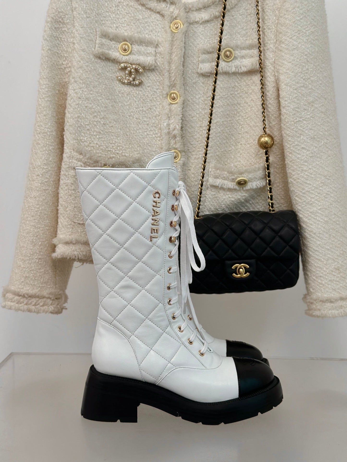 CC High Boots 50mm White Quilted Calfskin