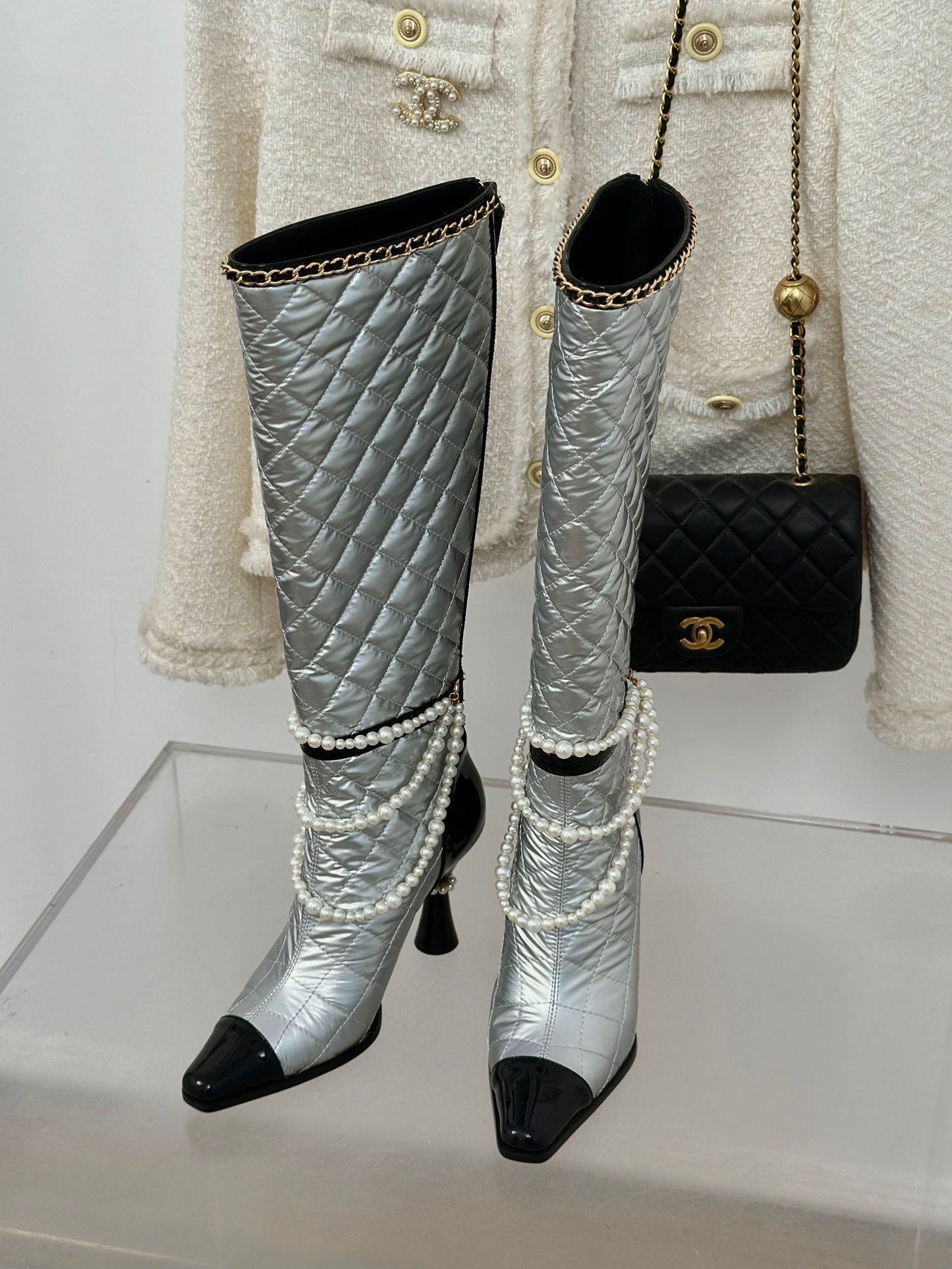 CC High Boots 80mm Silver Wrinkled Quilted Calfskin