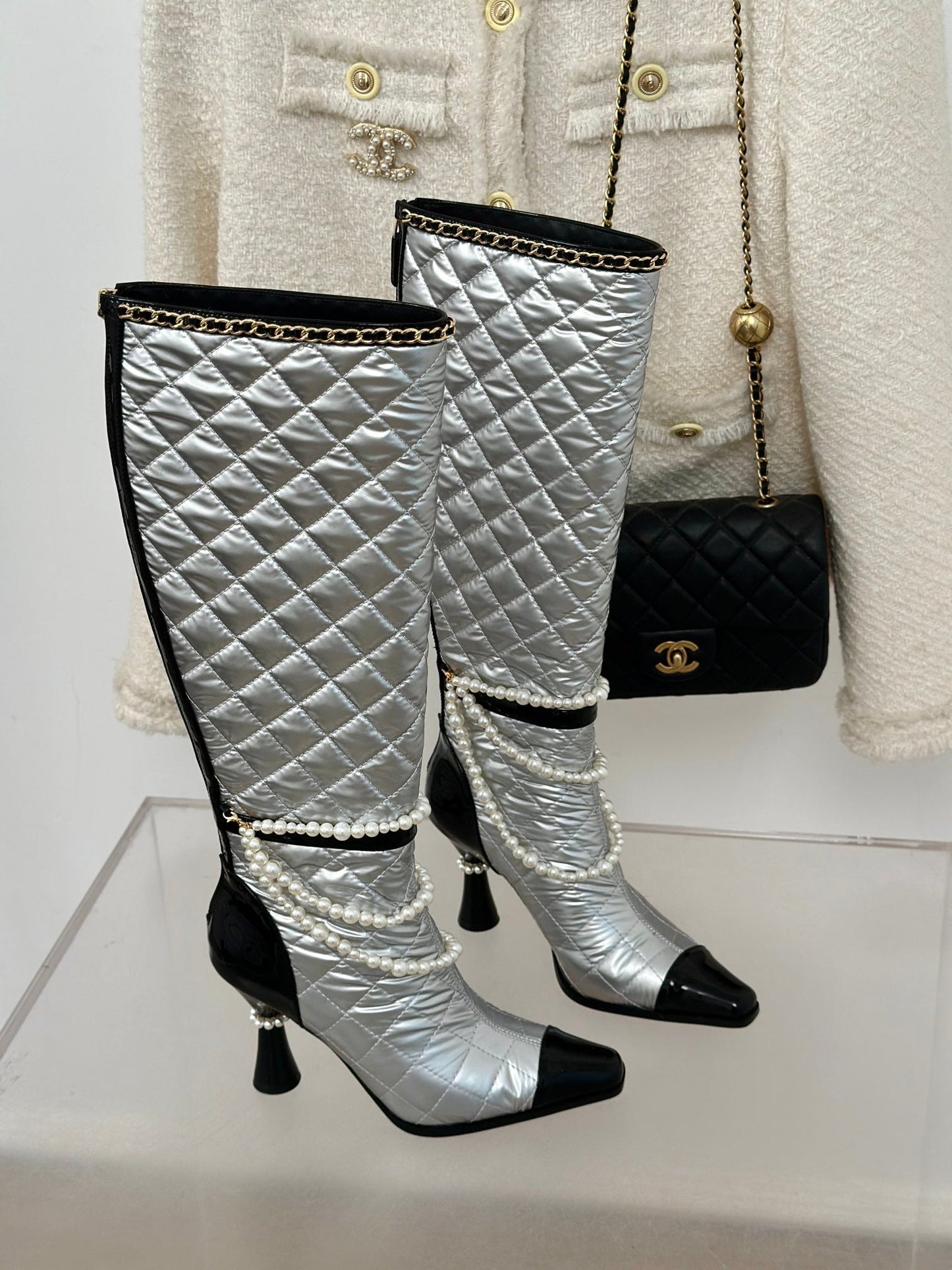 CC High Boots 80mm Silver Wrinkled Quilted Calfskin