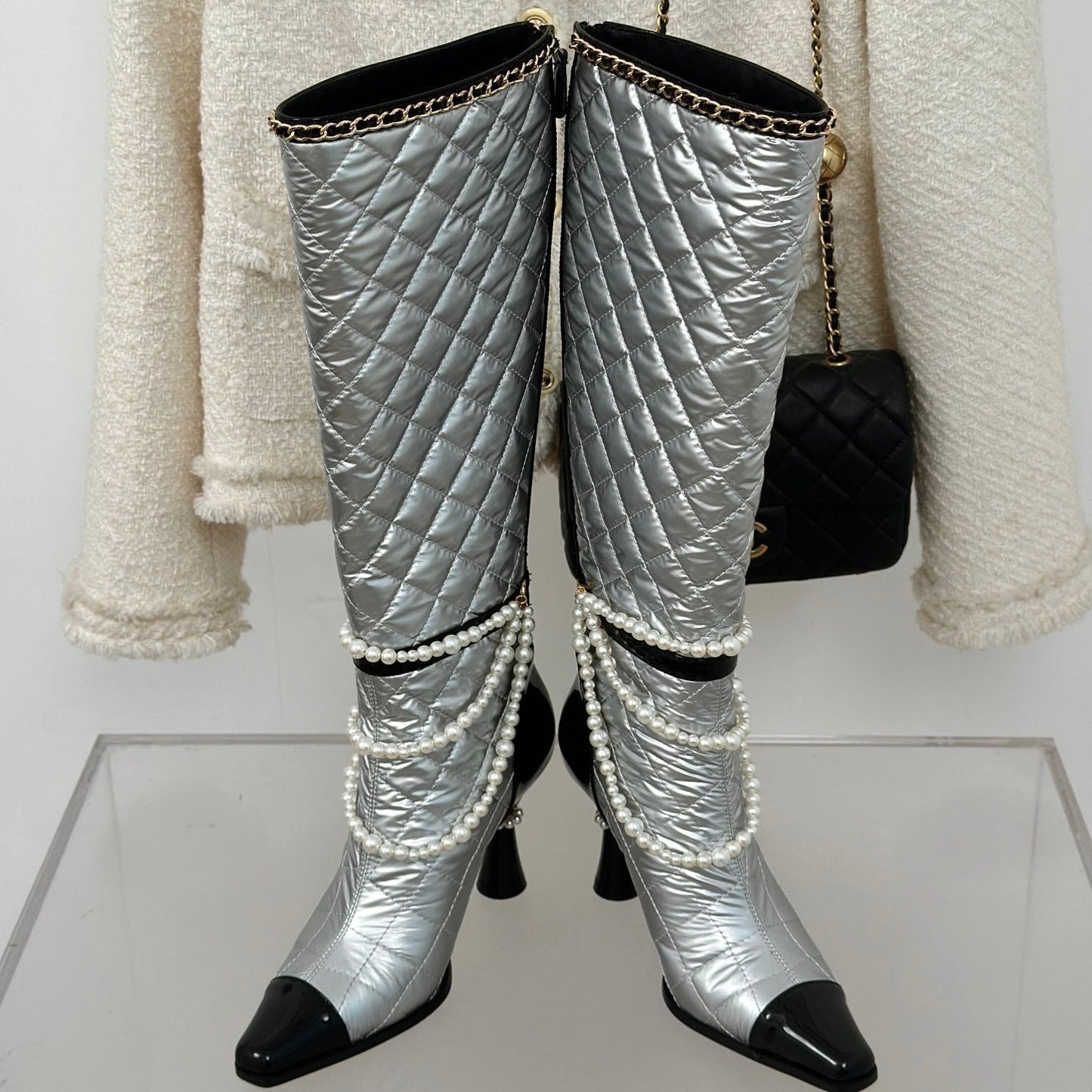 CC High Boots 80mm Silver Wrinkled Quilted Calfskin