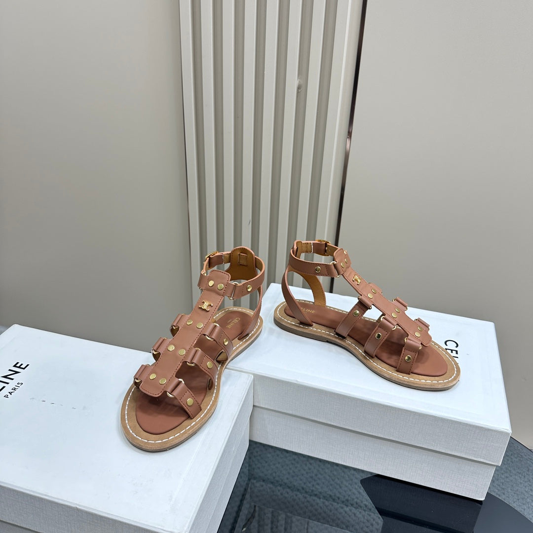 TRIUMPH FLAT SANDALS IN DESERT SAND CALFSKIN