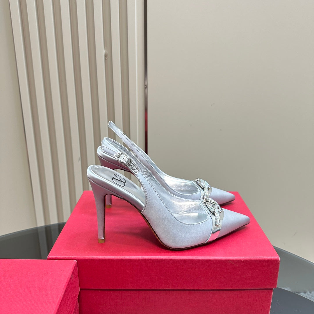 Valentino Slingback Pump 100mm In White Mix Sliver Lambskin 999027