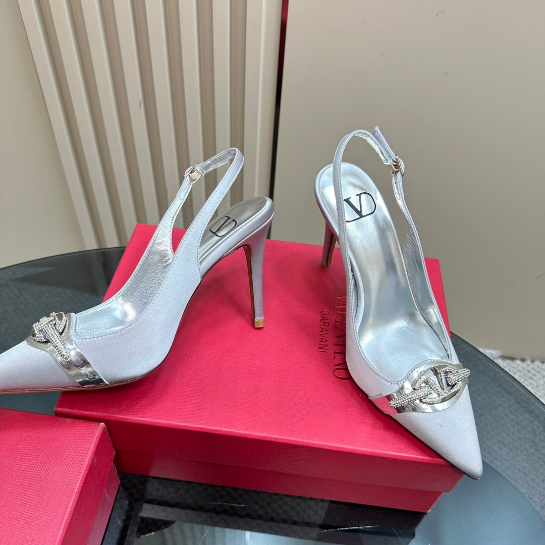 Valentino Slingback Pump 100mm In White Mix Sliver Lambskin 999027