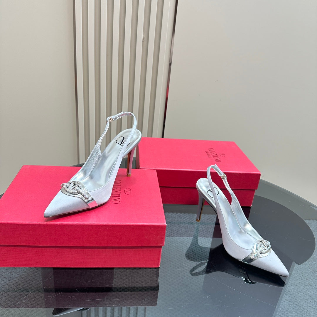 Valentino Slingback Pump 100mm In White Mix Sliver Lambskin 999027