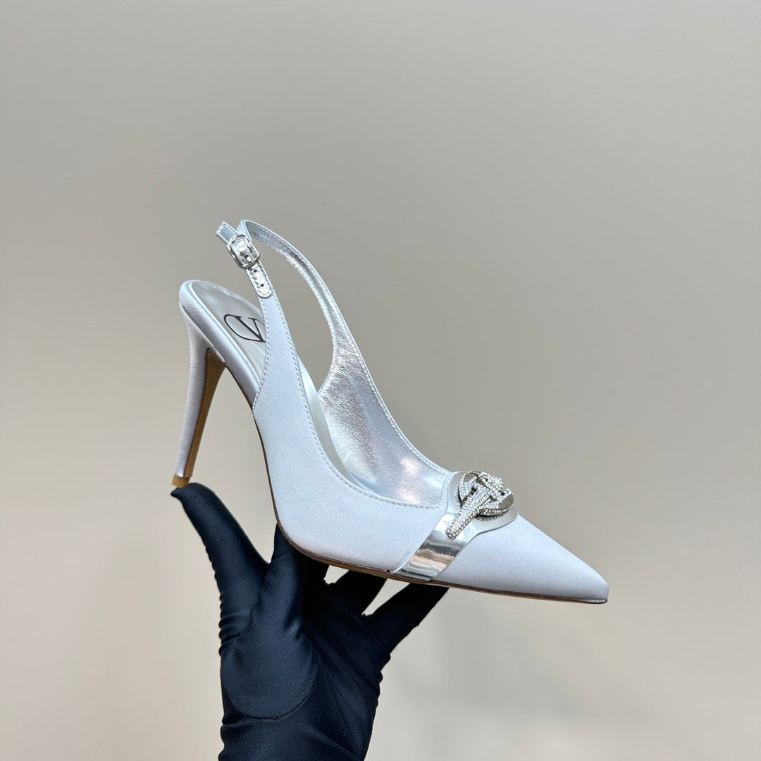 Valentino Slingback Pump 100mm In White Mix Sliver Lambskin 999027