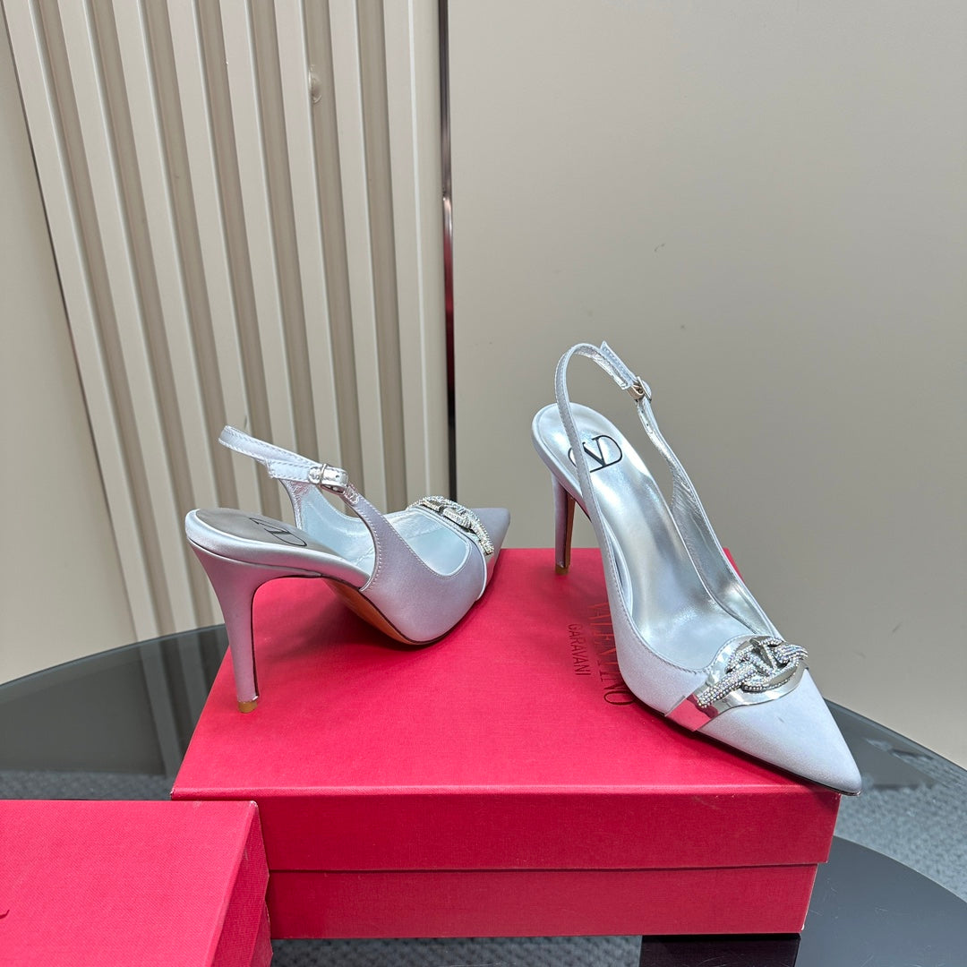 Valentino Slingback Pump 100mm In White Mix Sliver Lambskin 999027