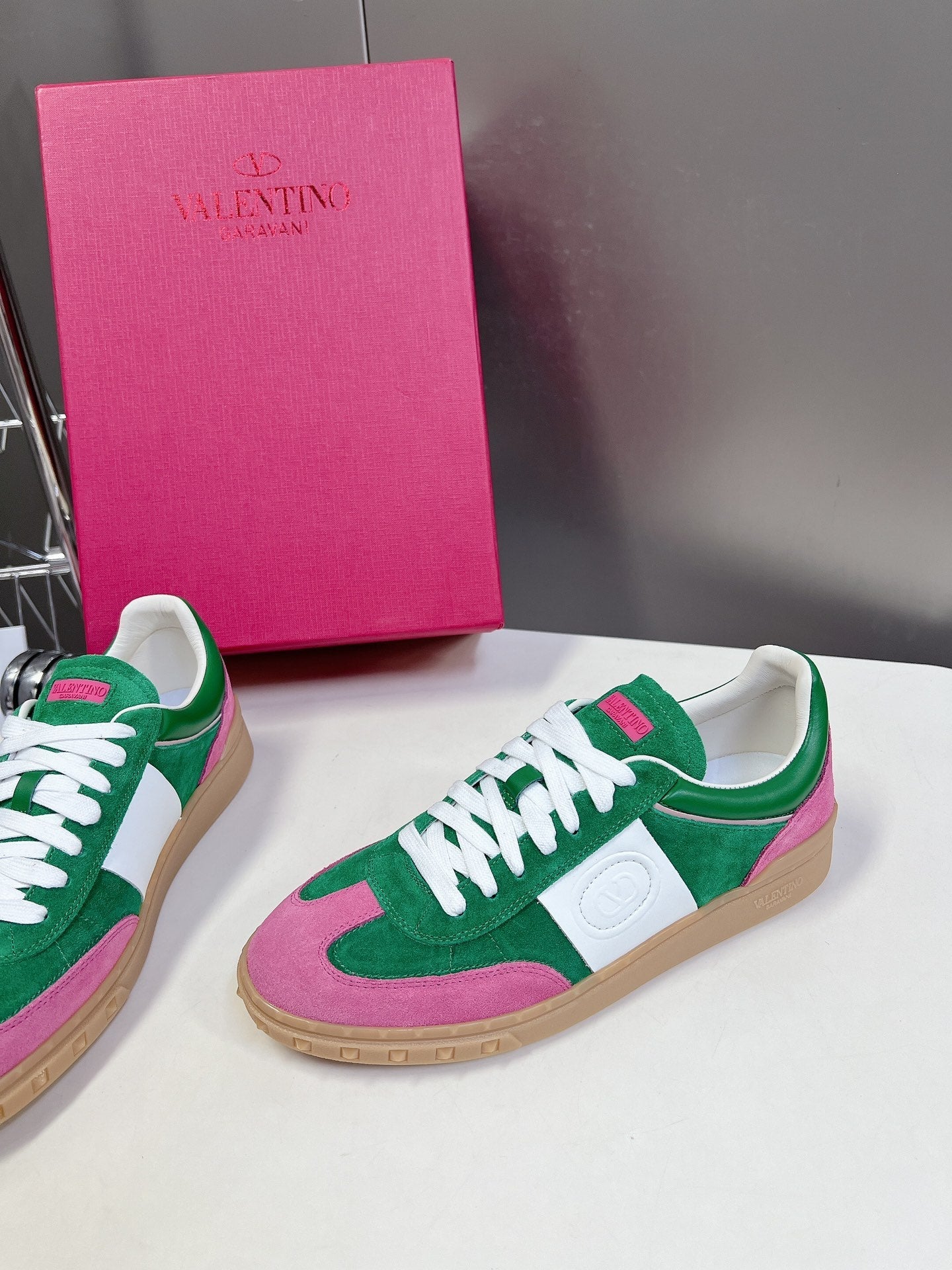 Upvillage Trainer In Dark Green Mix Lotus Pink Suede With Laminated Calfskin 989606