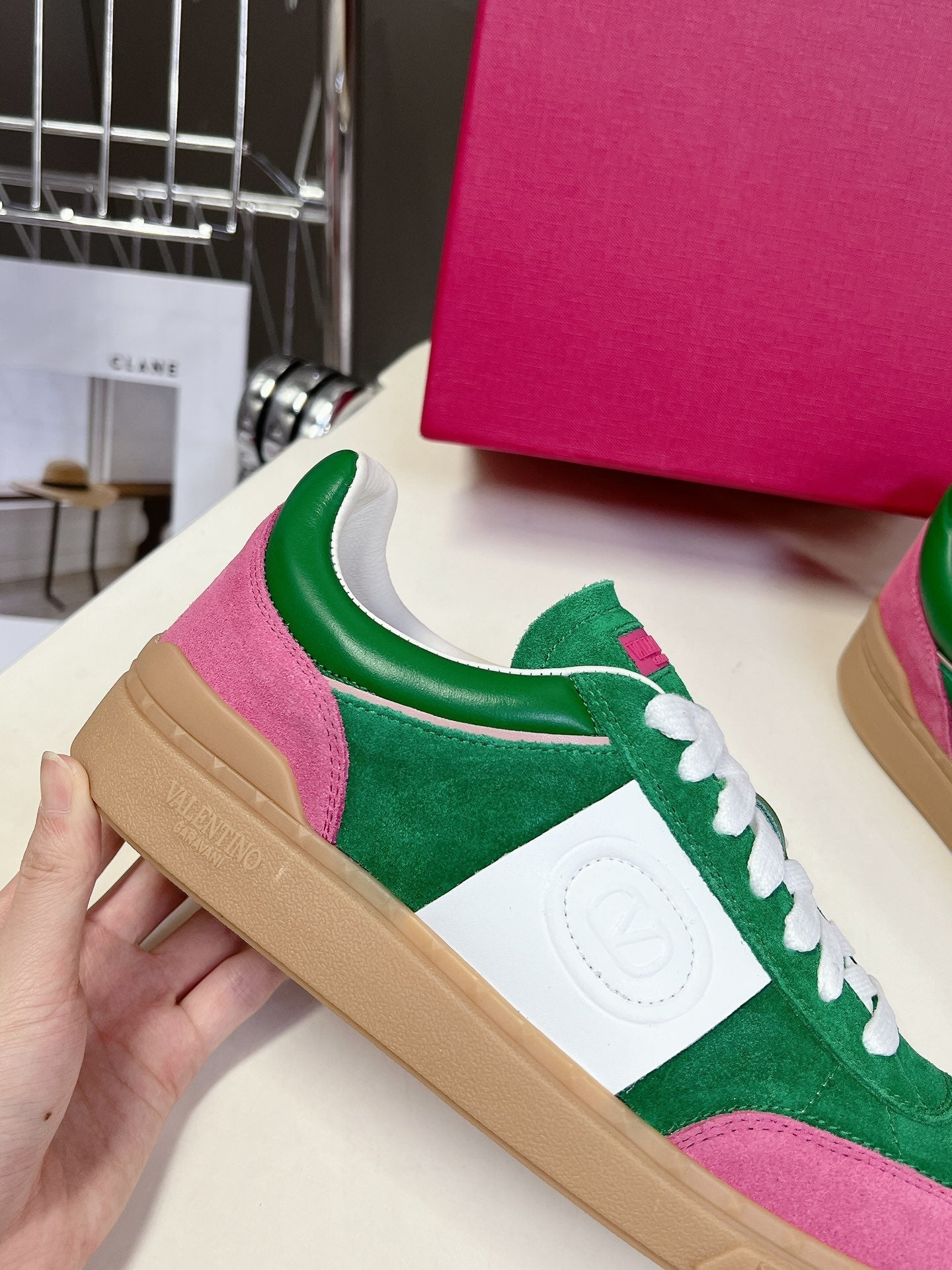 Upvillage Trainer In Dark Green Mix Lotus Pink Suede With Laminated Calfskin 989606