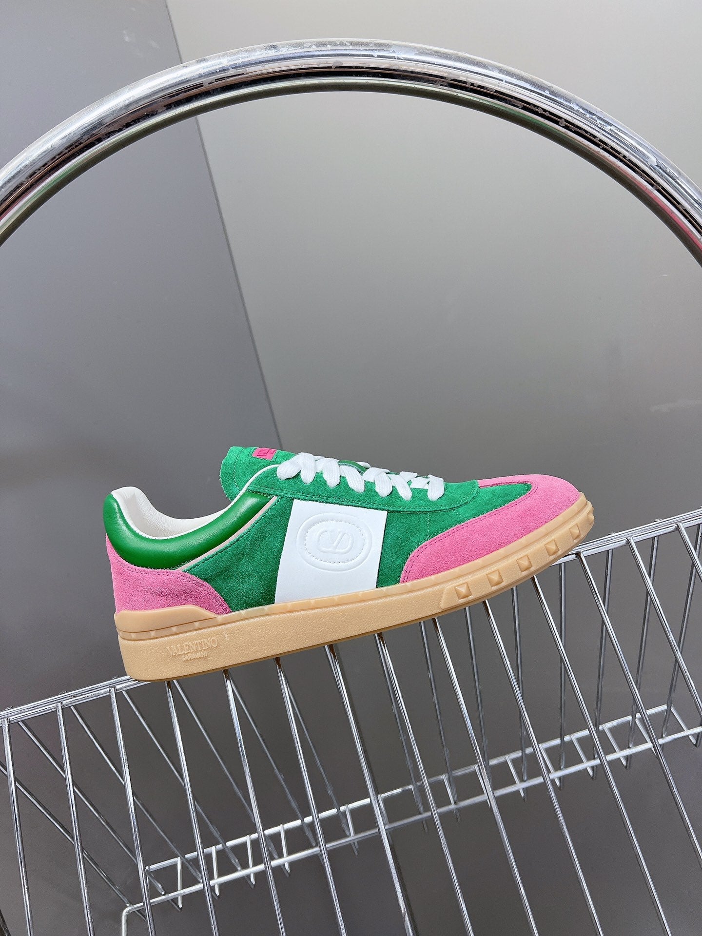 Upvillage Trainer In Dark Green Mix Lotus Pink Suede With Laminated Calfskin 989606