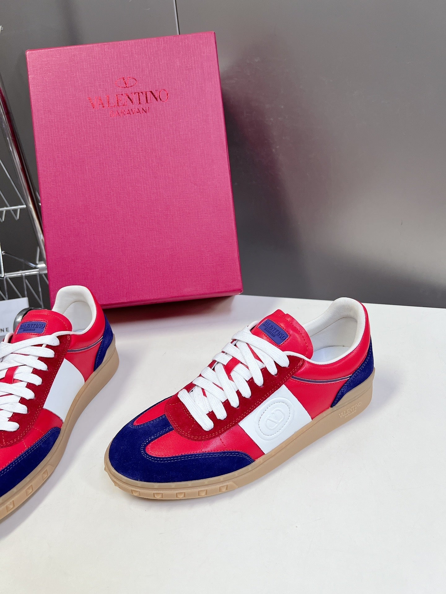 Upvillage Trainer In Red Mix Deep Blue Laminated Calfskin With Suede 989608