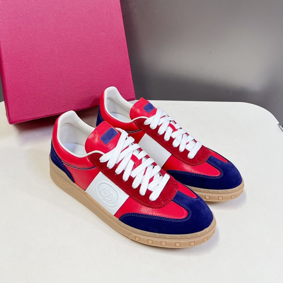 Upvillage Trainer In Red Mix Deep Blue Laminated Calfskin With Suede 989608