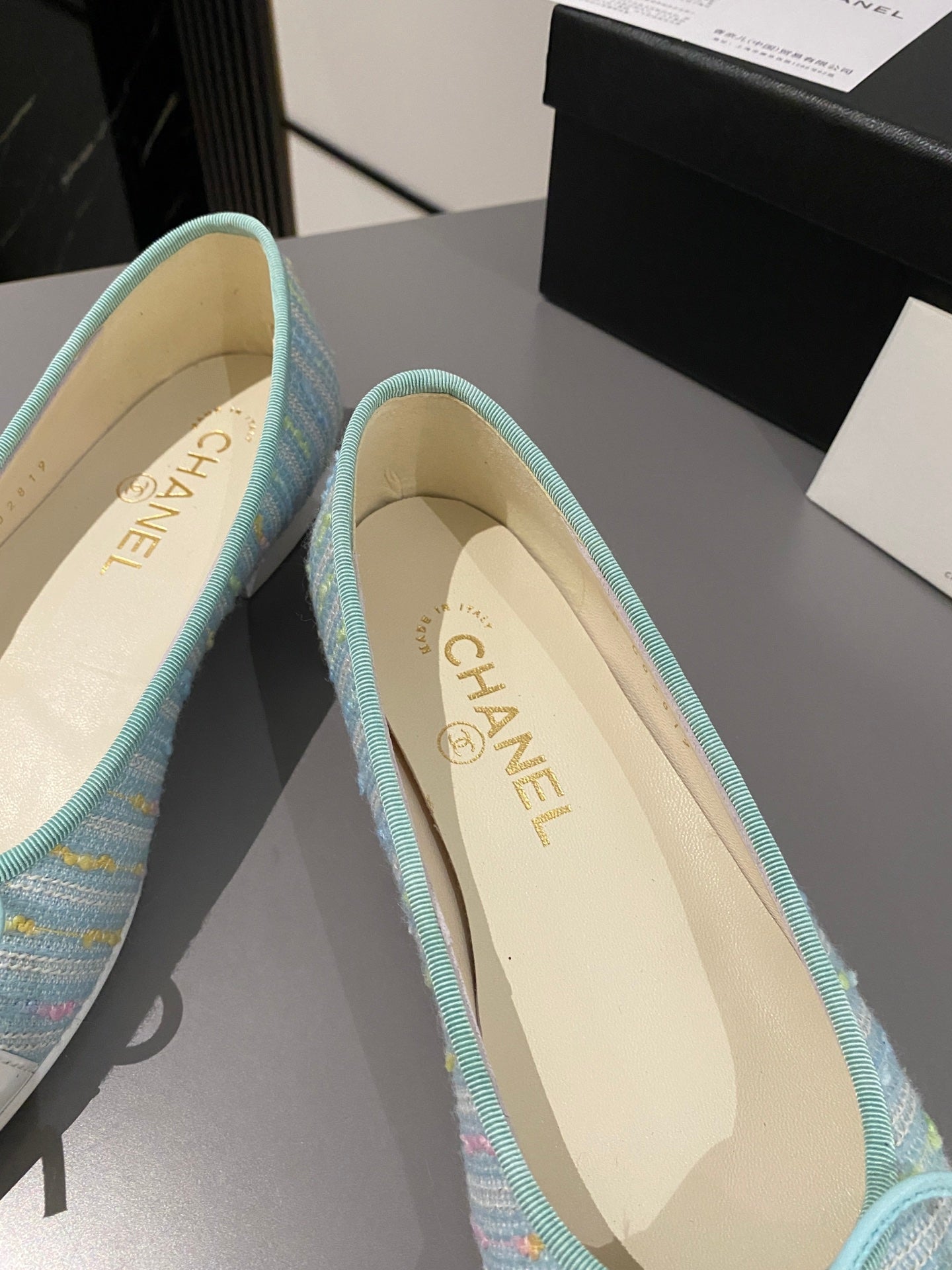 ballet flat cloud blue embroidered fabric white calfskin