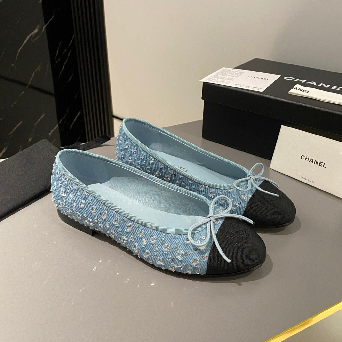 ballet flat cloud blue glitter sequins canvas black grosgrain