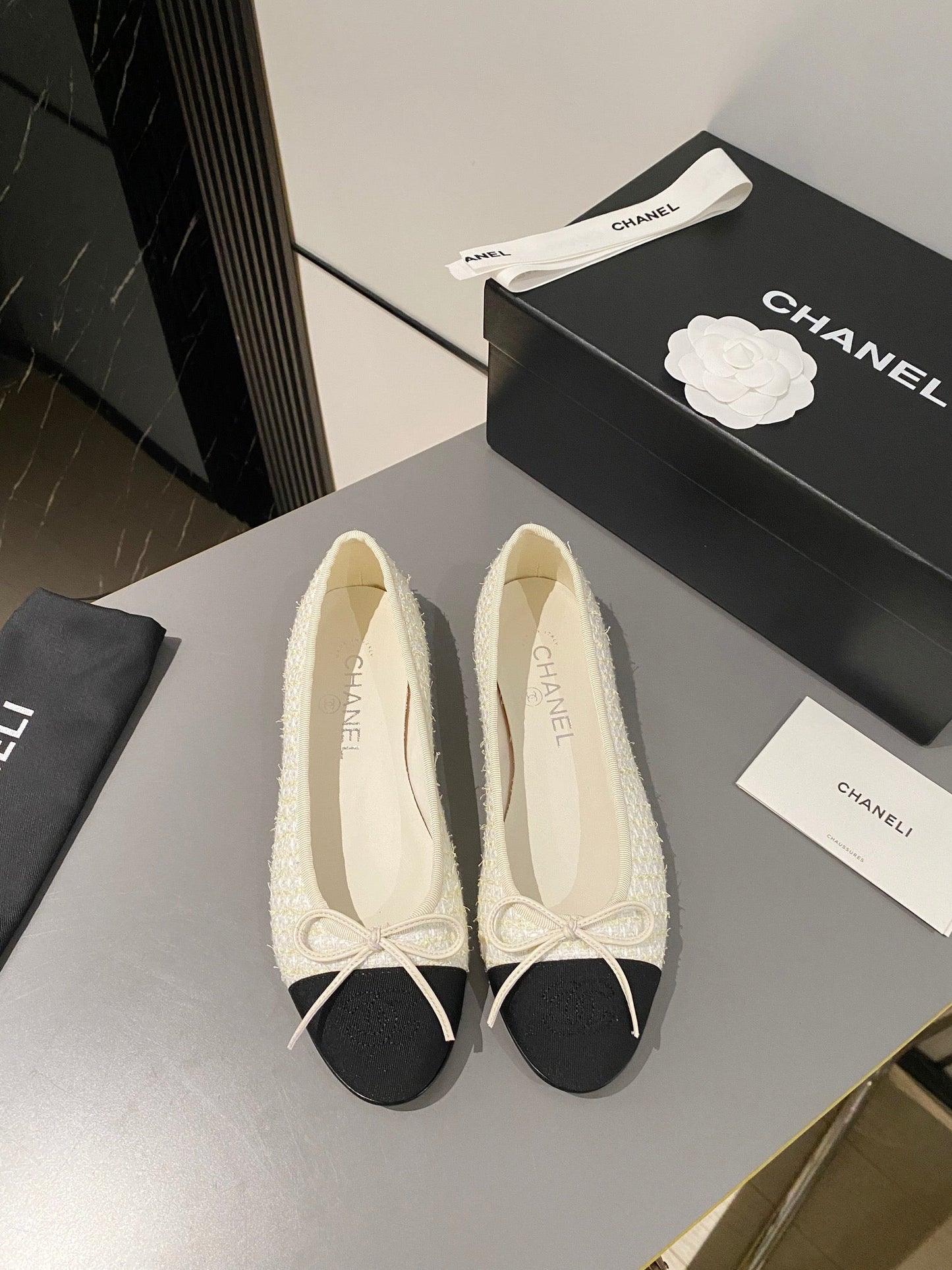 ballet flat white gold tweed black grosgrain