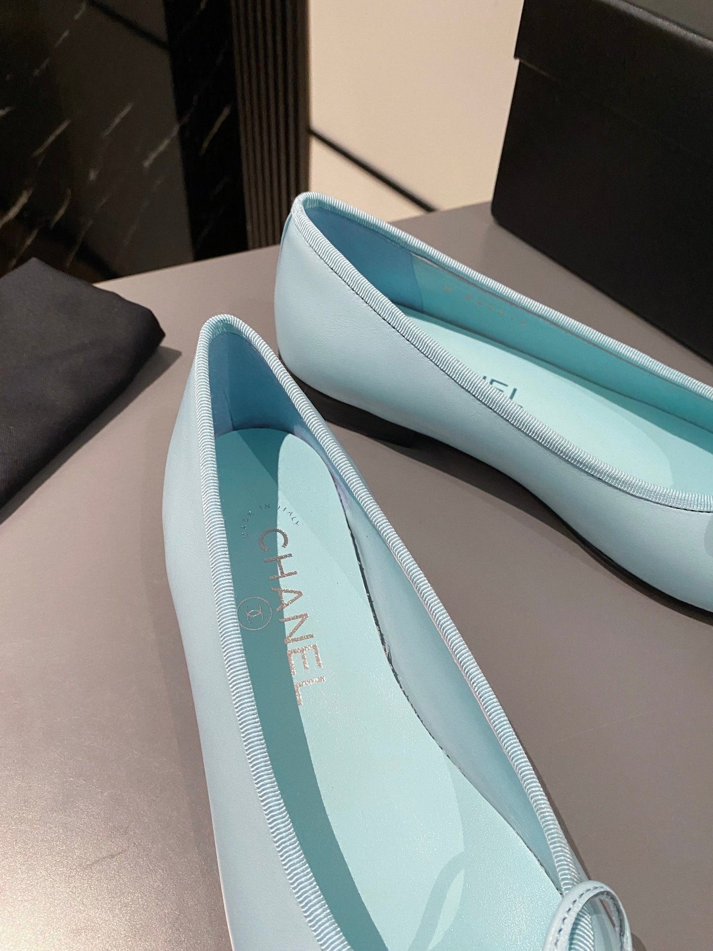 ballet flat tiffany blue calfskin black grosgrain