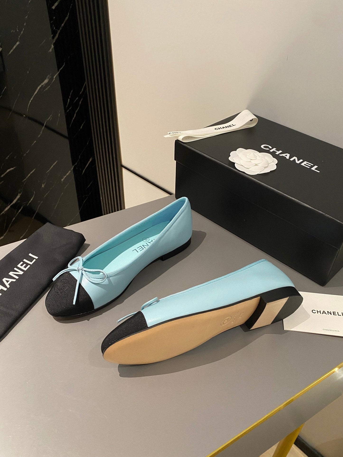 ballet flat tiffany blue calfskin black grosgrain