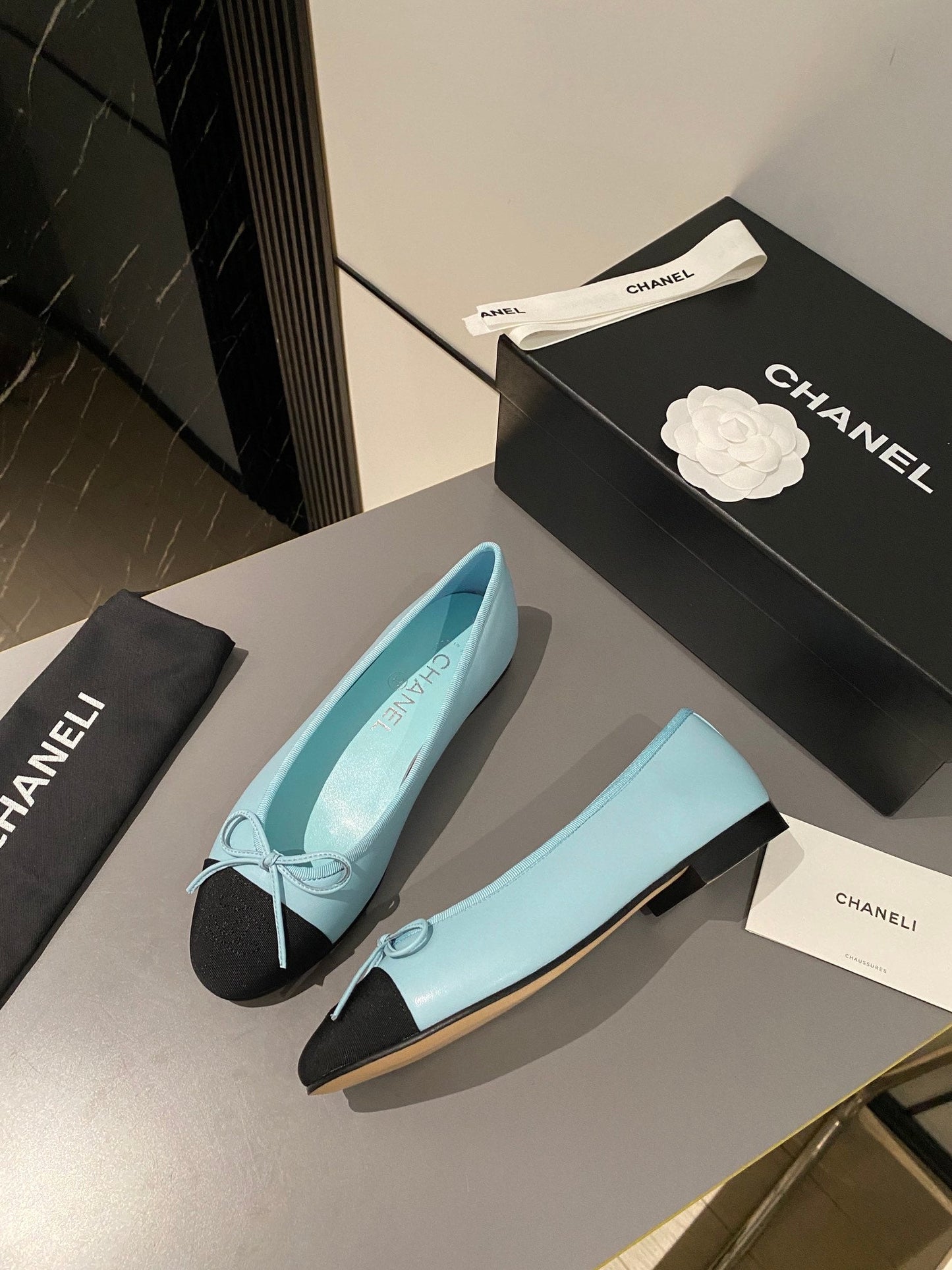 ballet flat tiffany blue calfskin black grosgrain