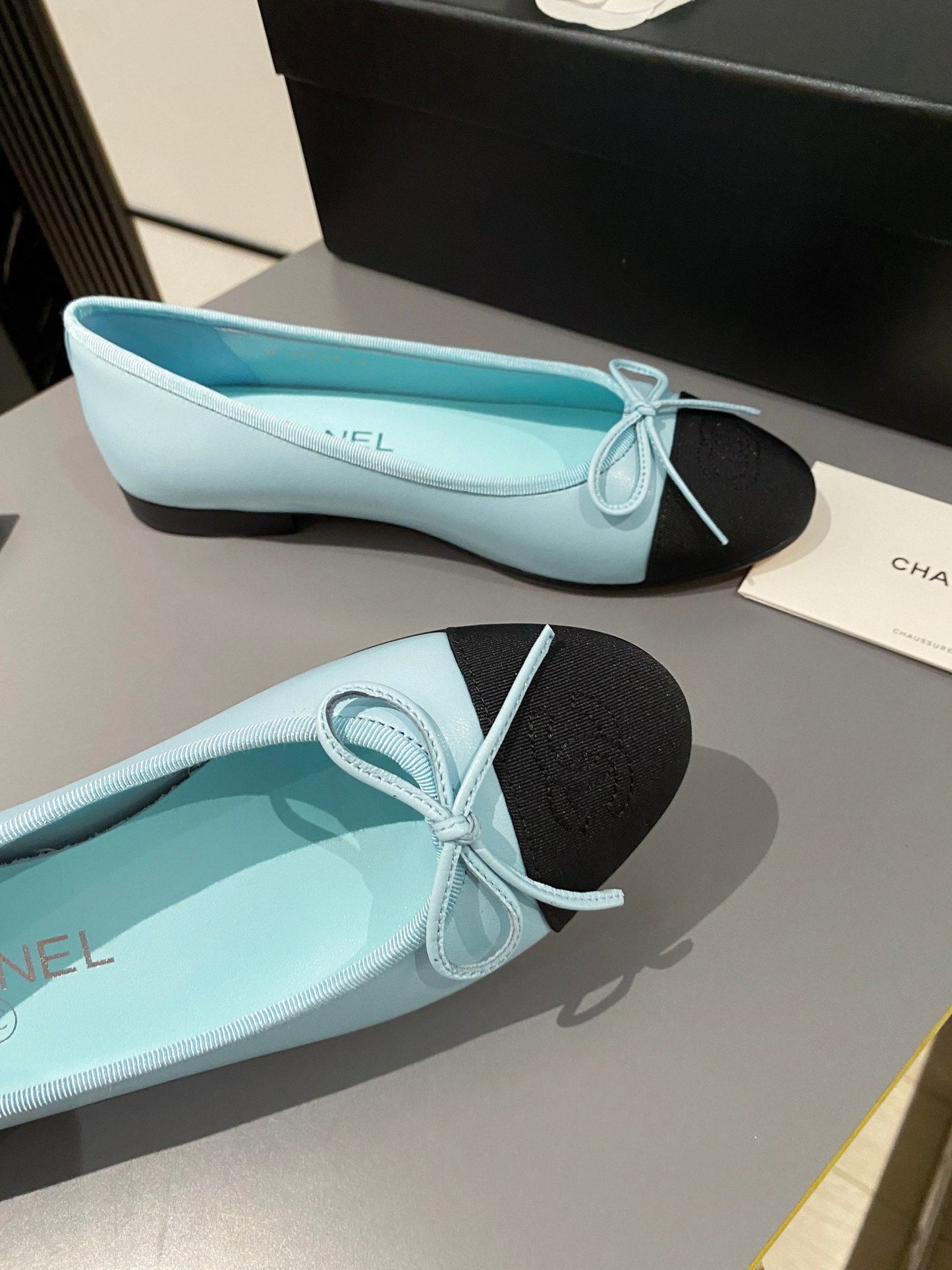 ballet flat tiffany blue calfskin black grosgrain