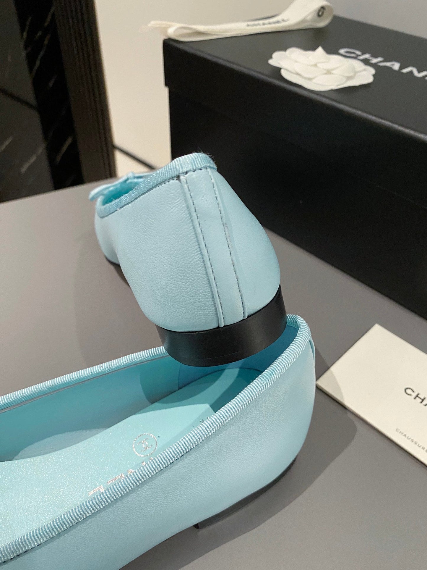 ballet flat tiffany blue calfskin black grosgrain