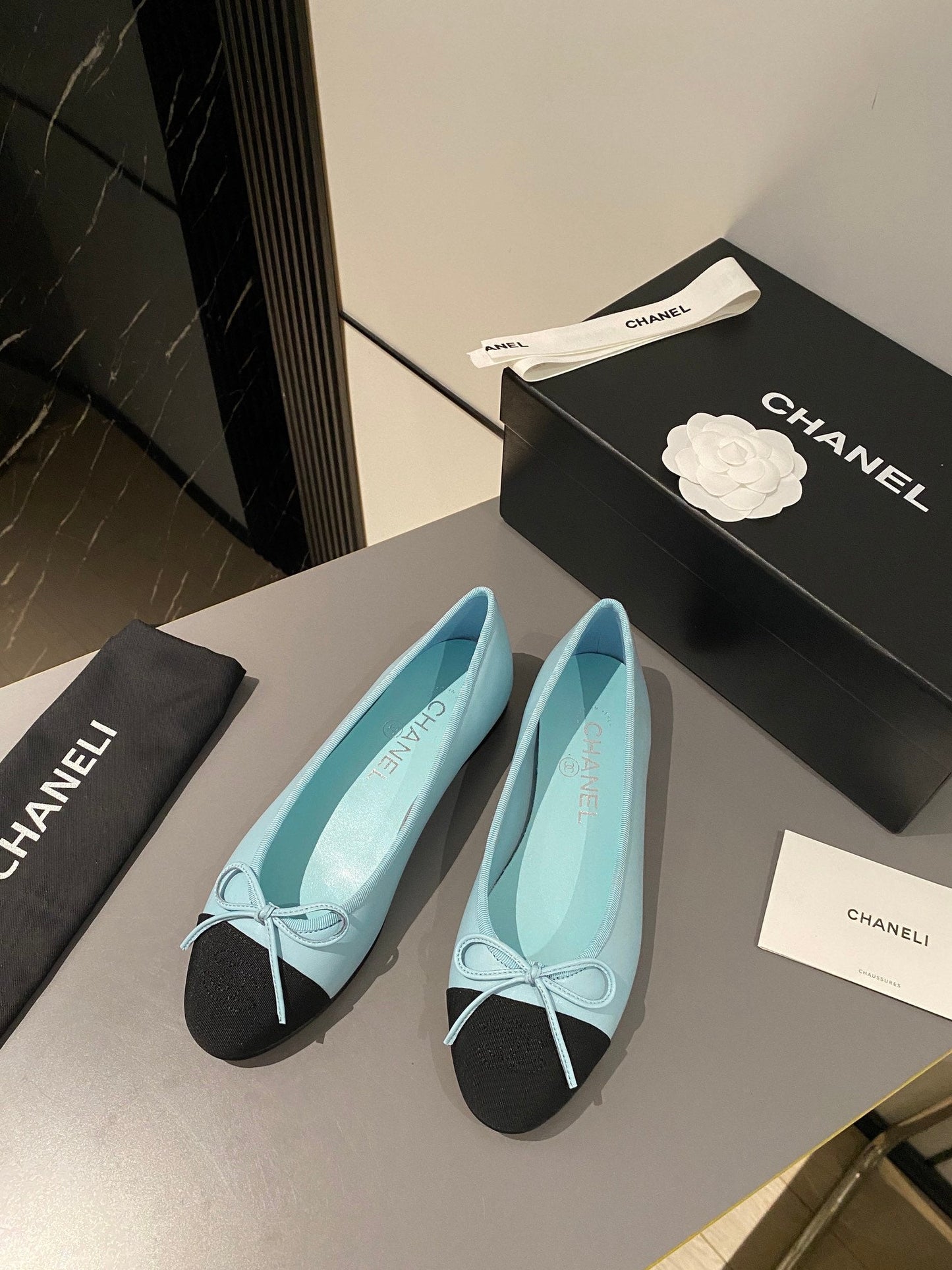 ballet flat tiffany blue calfskin black grosgrain