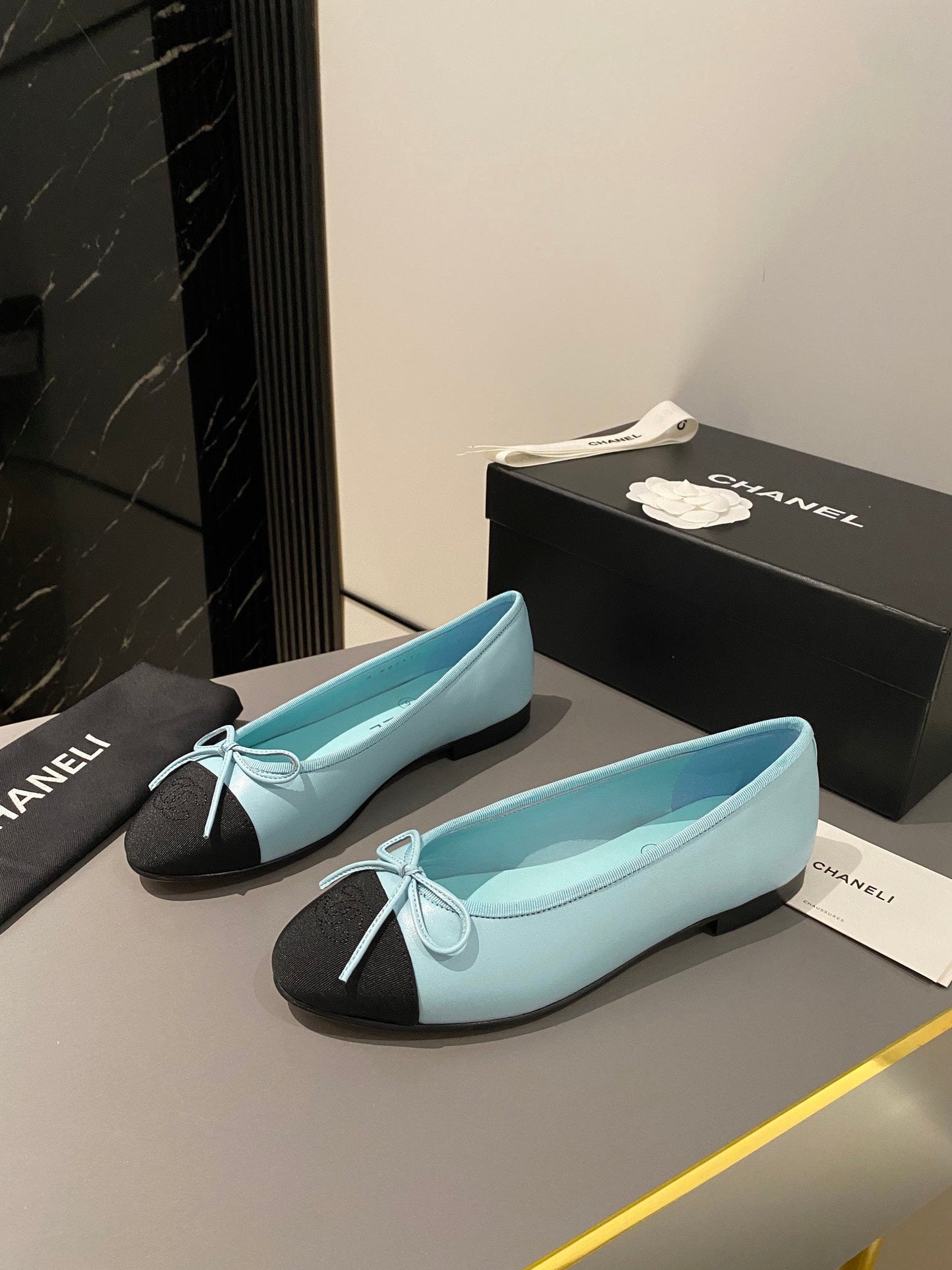 ballet flat tiffany blue calfskin black grosgrain