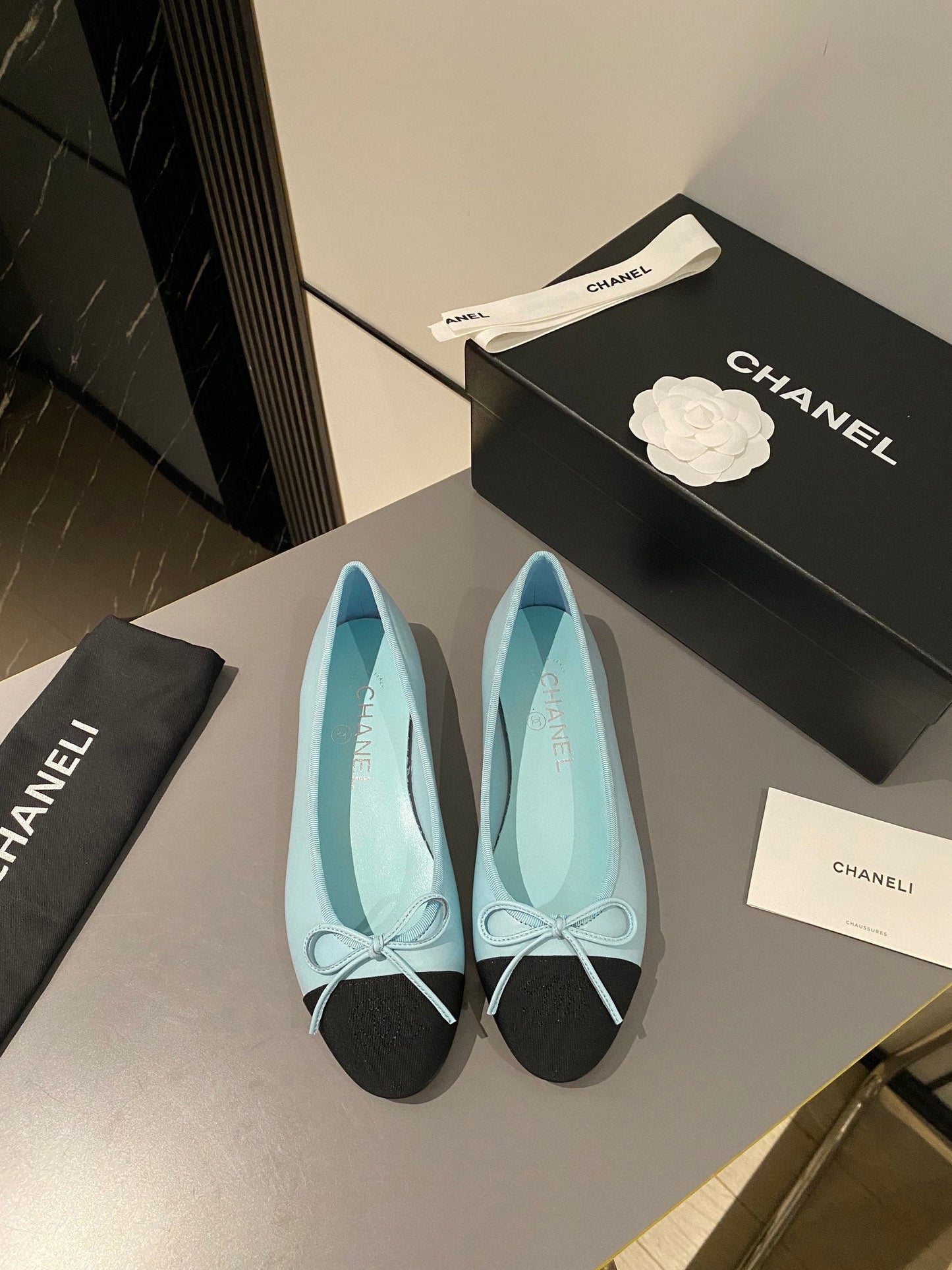 ballet flat tiffany blue calfskin black grosgrain