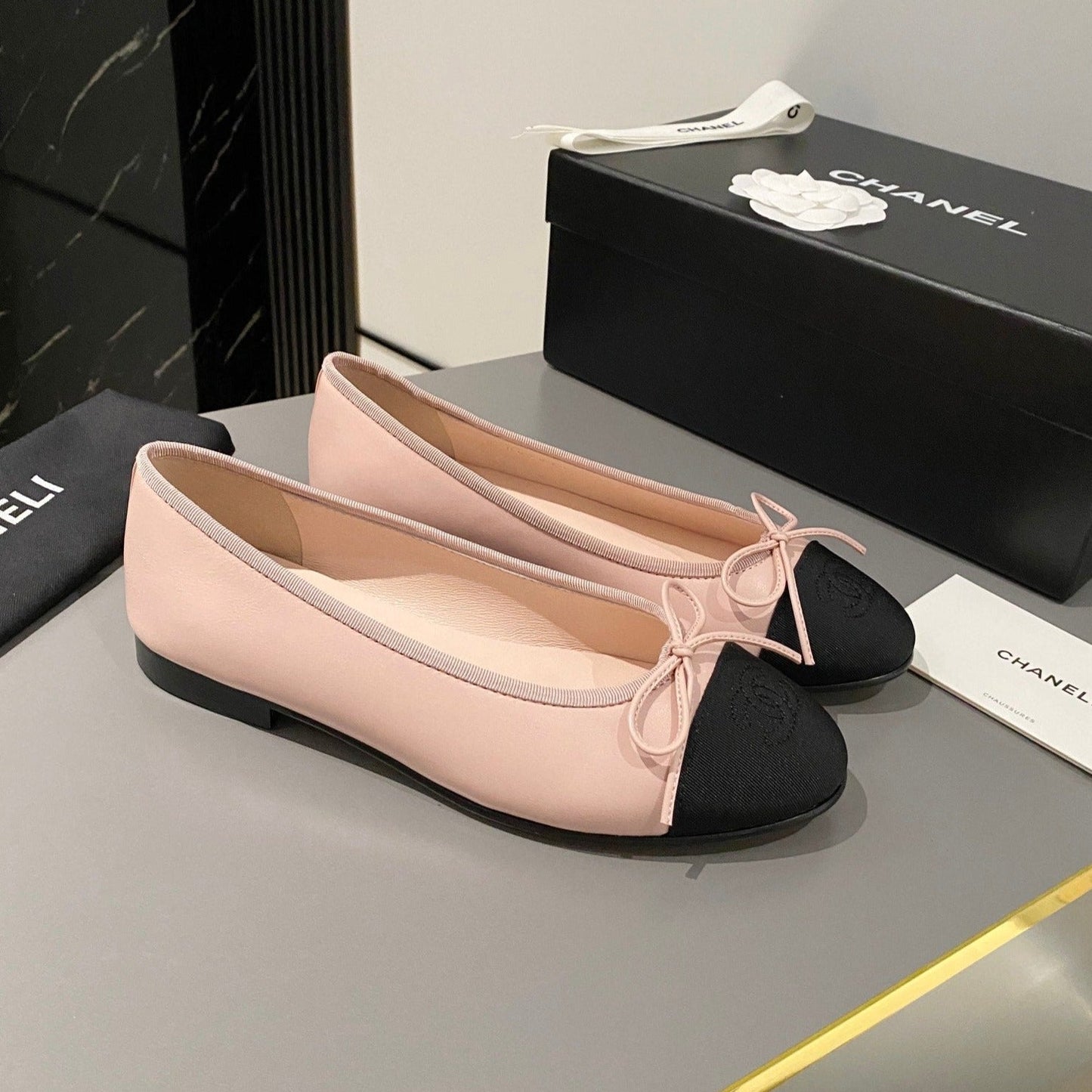 ballet flat blush calfskin black grosgrain