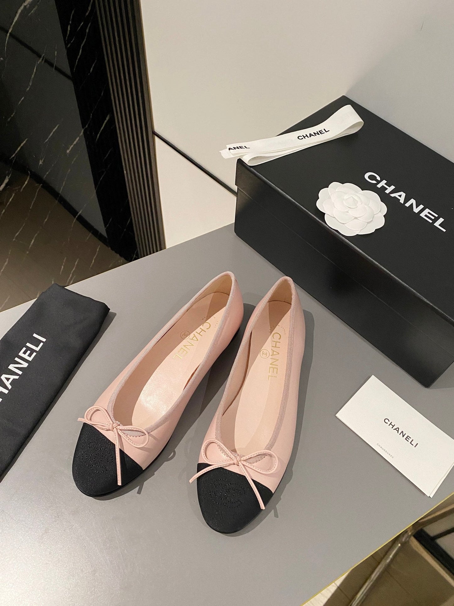 ballet flat blush calfskin black grosgrain