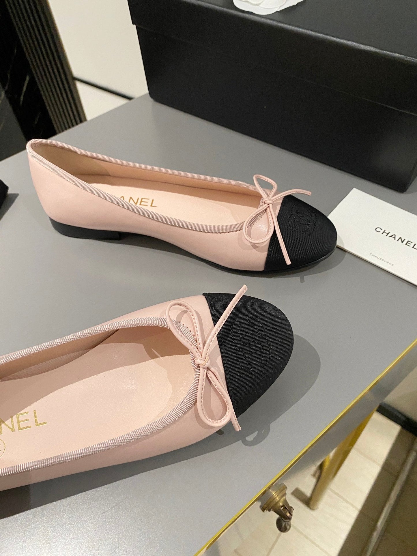 ballet flat blush calfskin black grosgrain