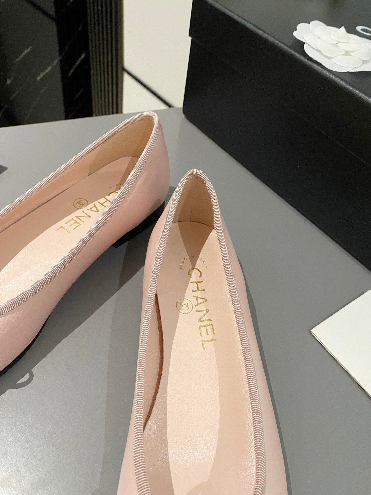 ballet flat blush calfskin black grosgrain