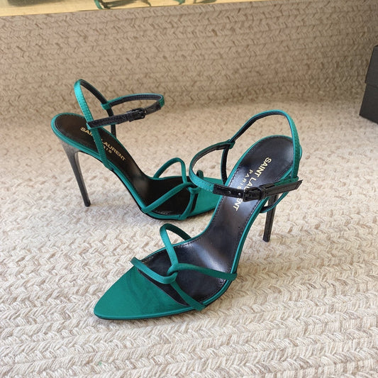 STRAPPY HIGH HEEL SANDALS IN TEAL GREEN SILK