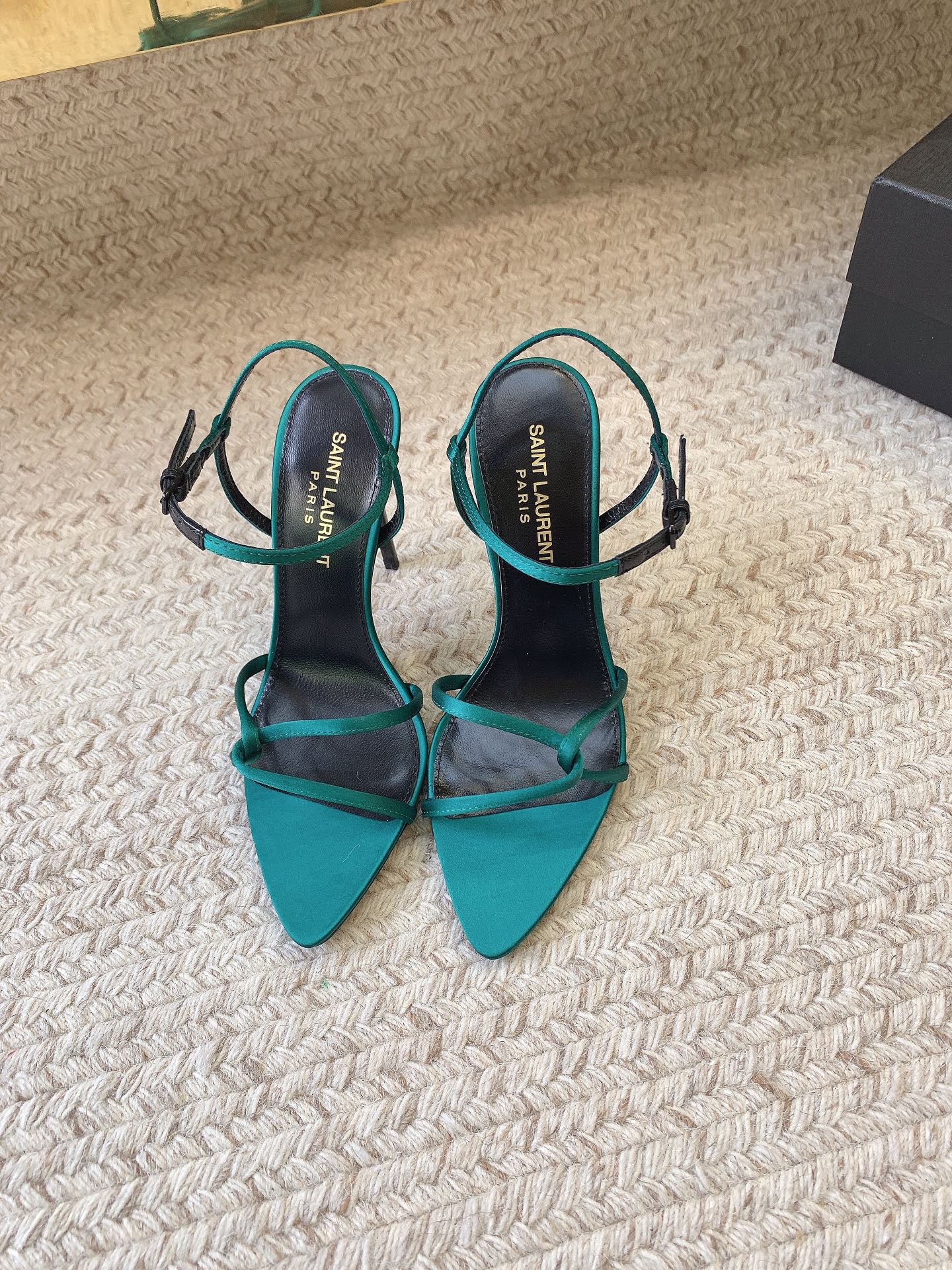 STRAPPY HIGH HEEL SANDALS IN TEAL GREEN SILK