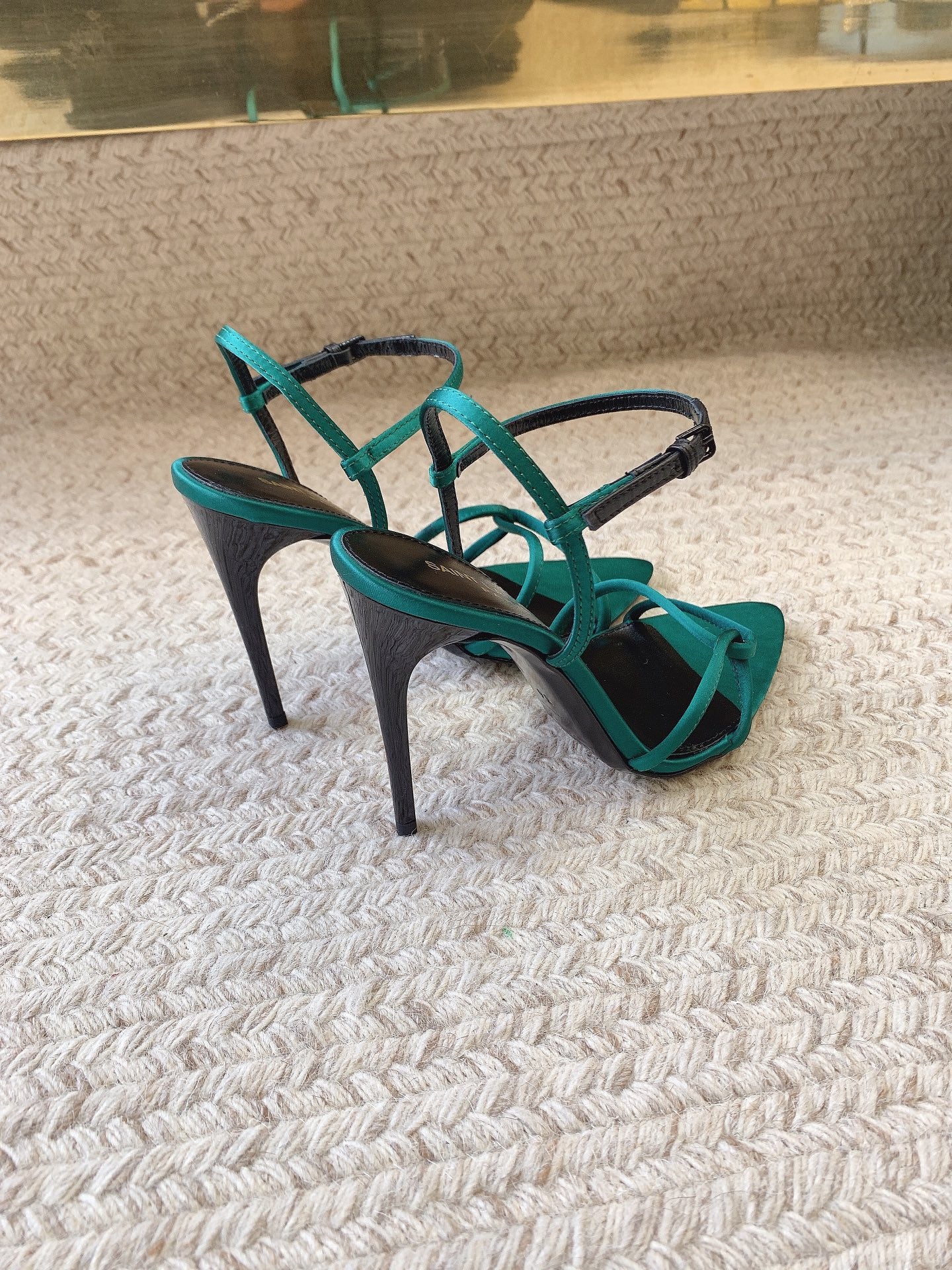 STRAPPY HIGH HEEL SANDALS IN TEAL GREEN SILK