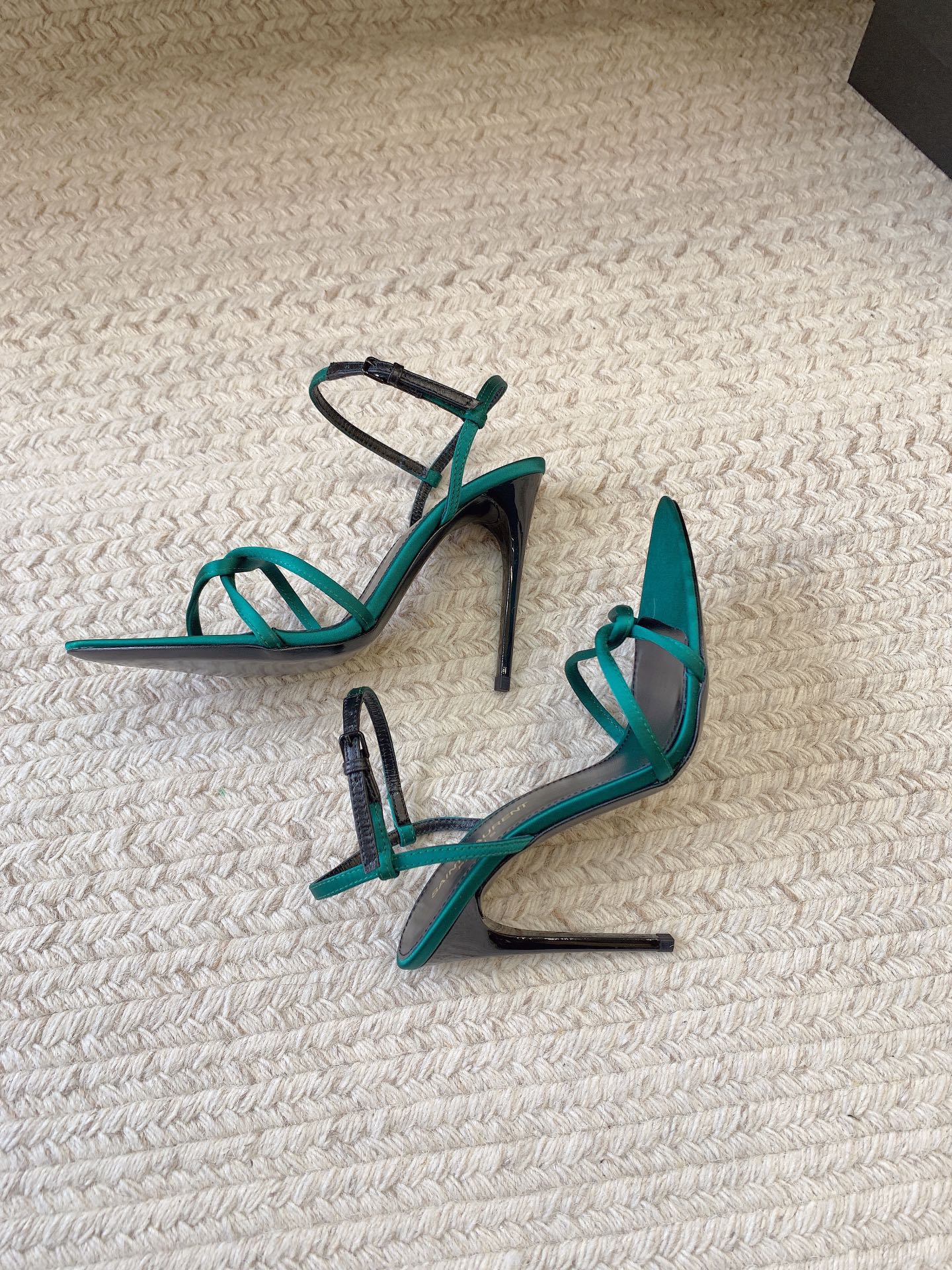 STRAPPY HIGH HEEL SANDALS IN TEAL GREEN SILK