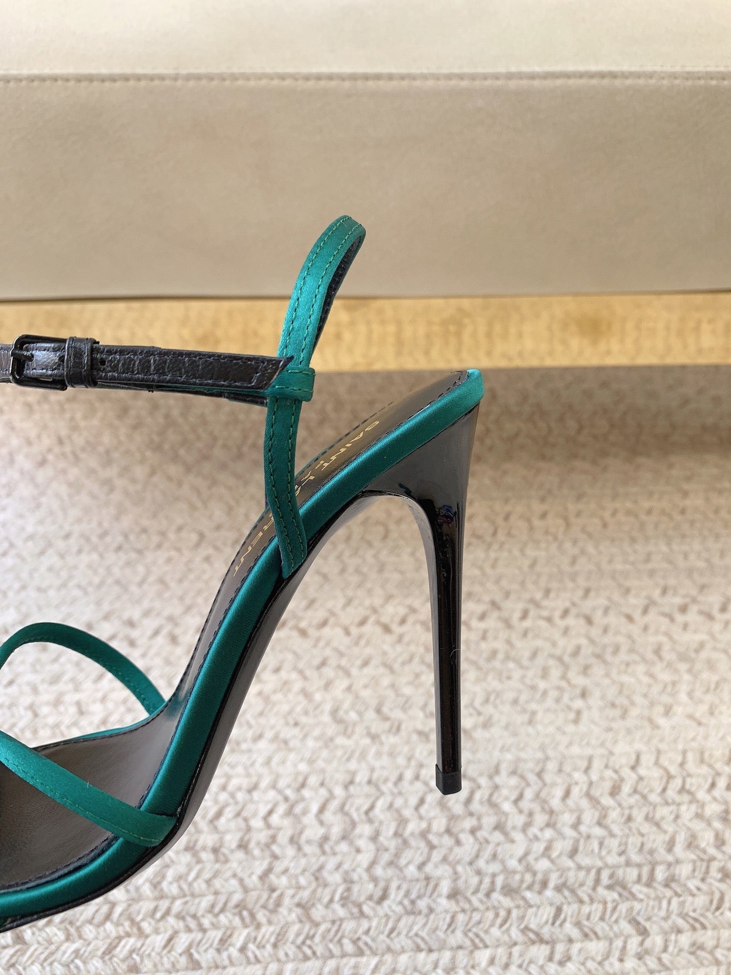 STRAPPY HIGH HEEL SANDALS IN TEAL GREEN SILK