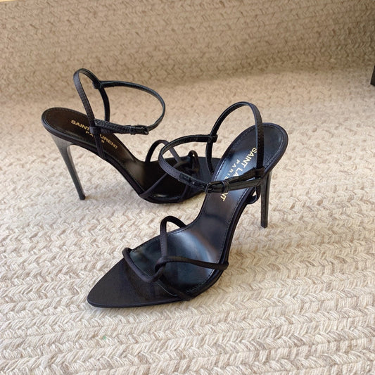 STRAPPY HIGH HEEL SANDALS IN BLACK SILK