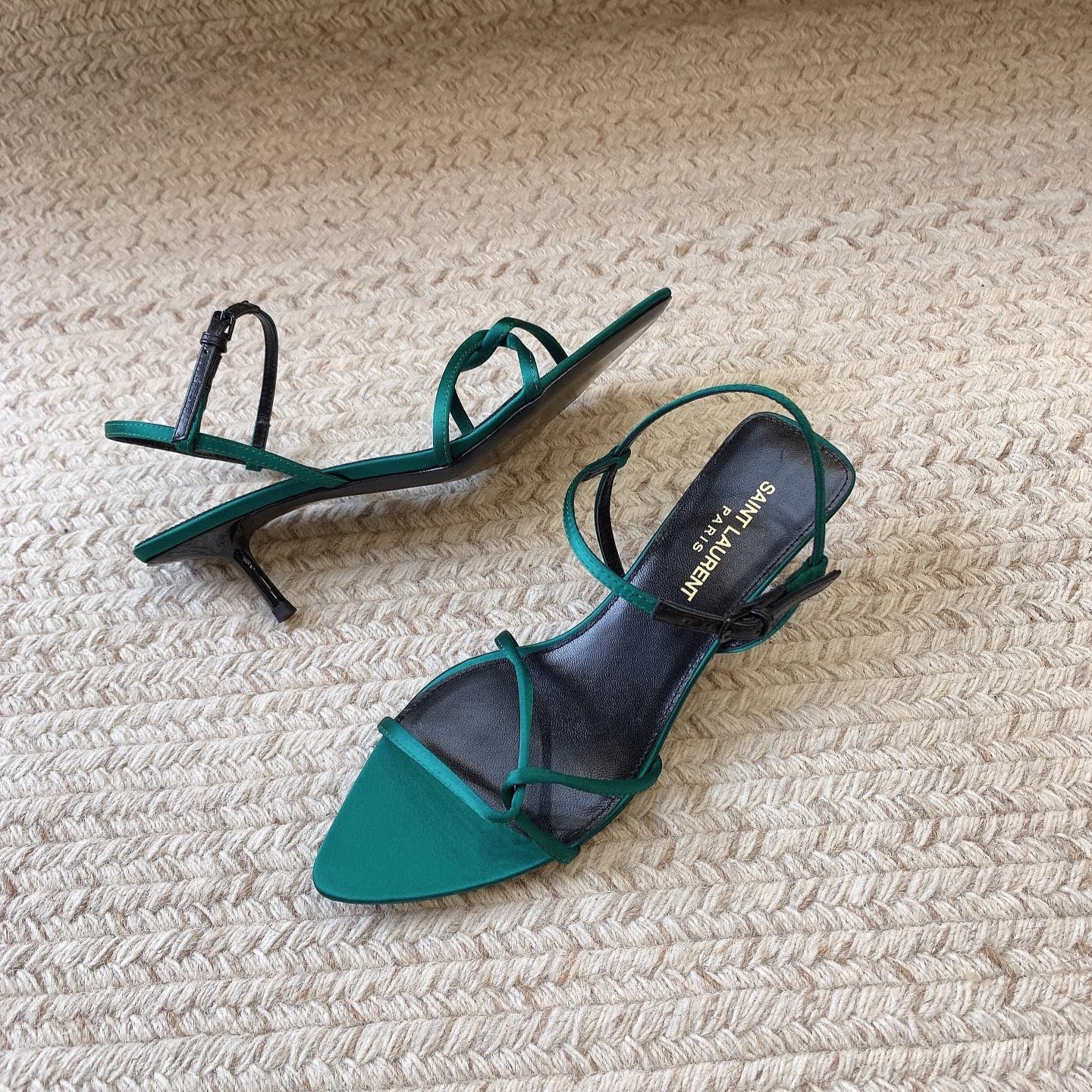 STRAPPY MID HEEL SANDALS IN TEAL GREEN SILK