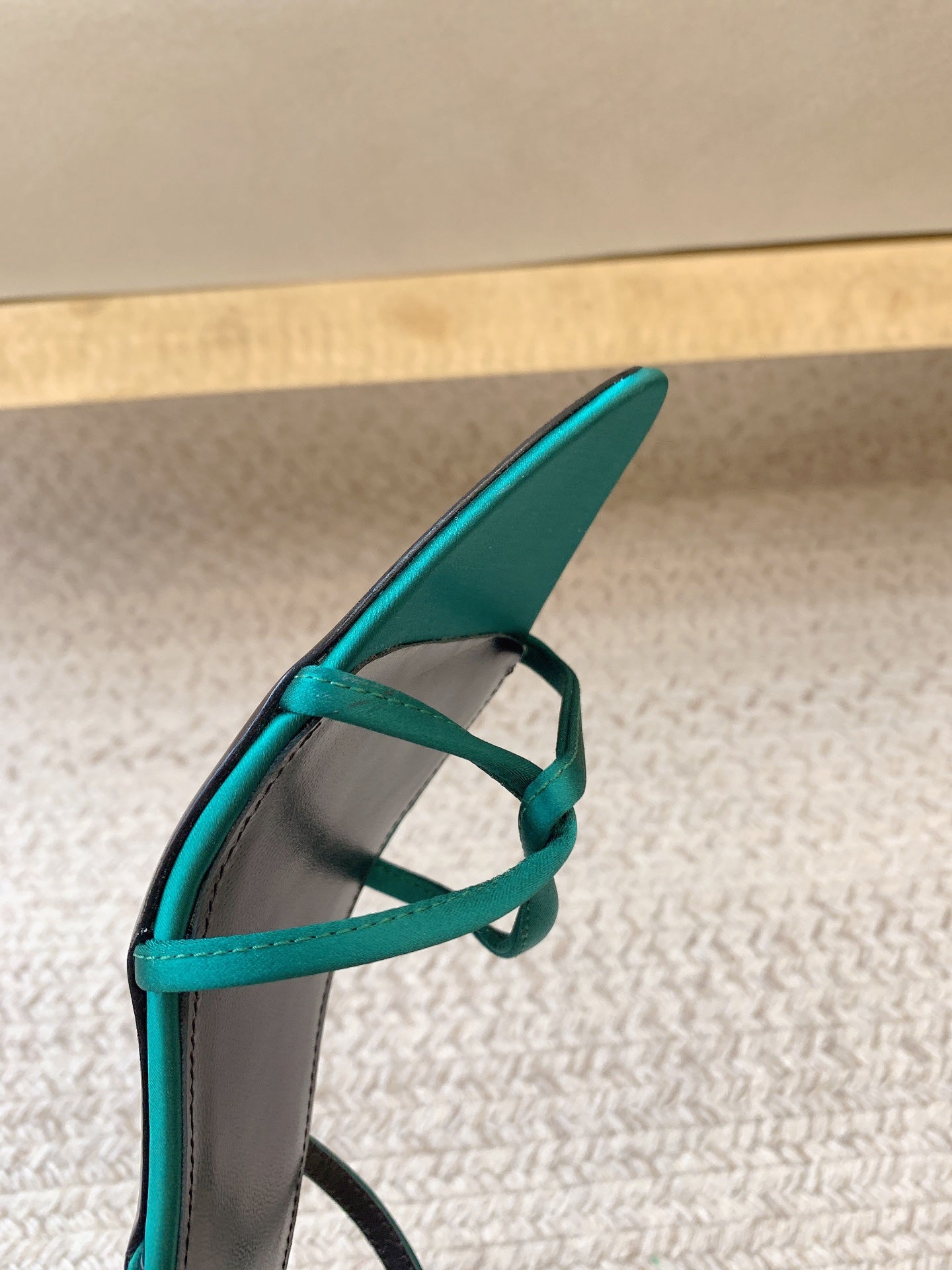 STRAPPY MID HEEL SANDALS IN TEAL GREEN SILK