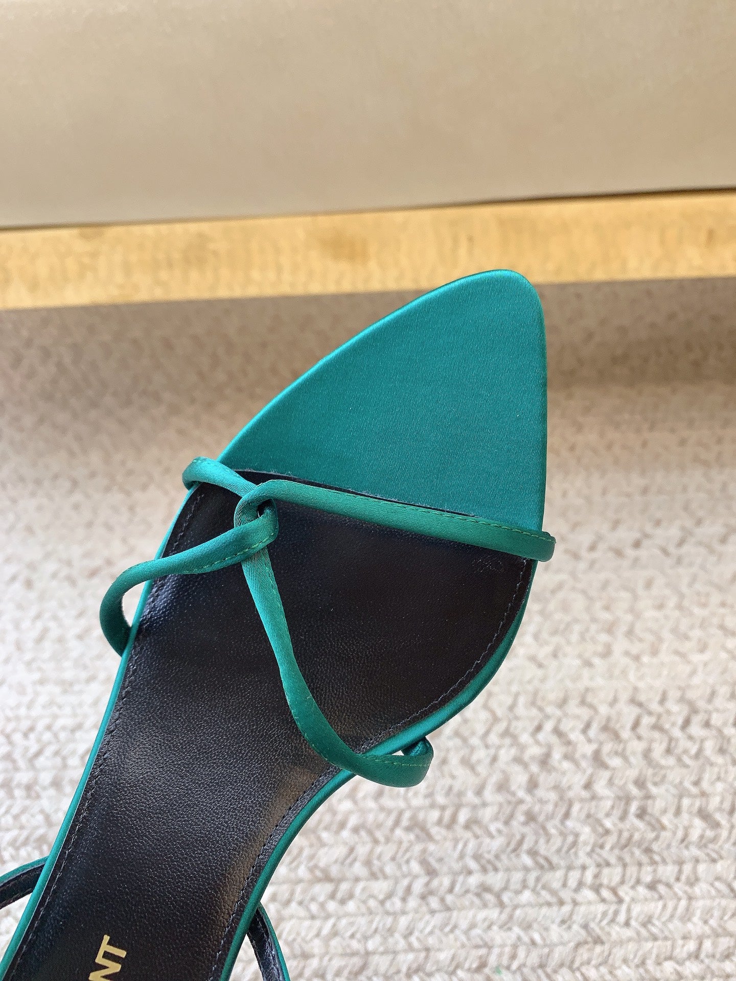 STRAPPY MID HEEL SANDALS IN TEAL GREEN SILK