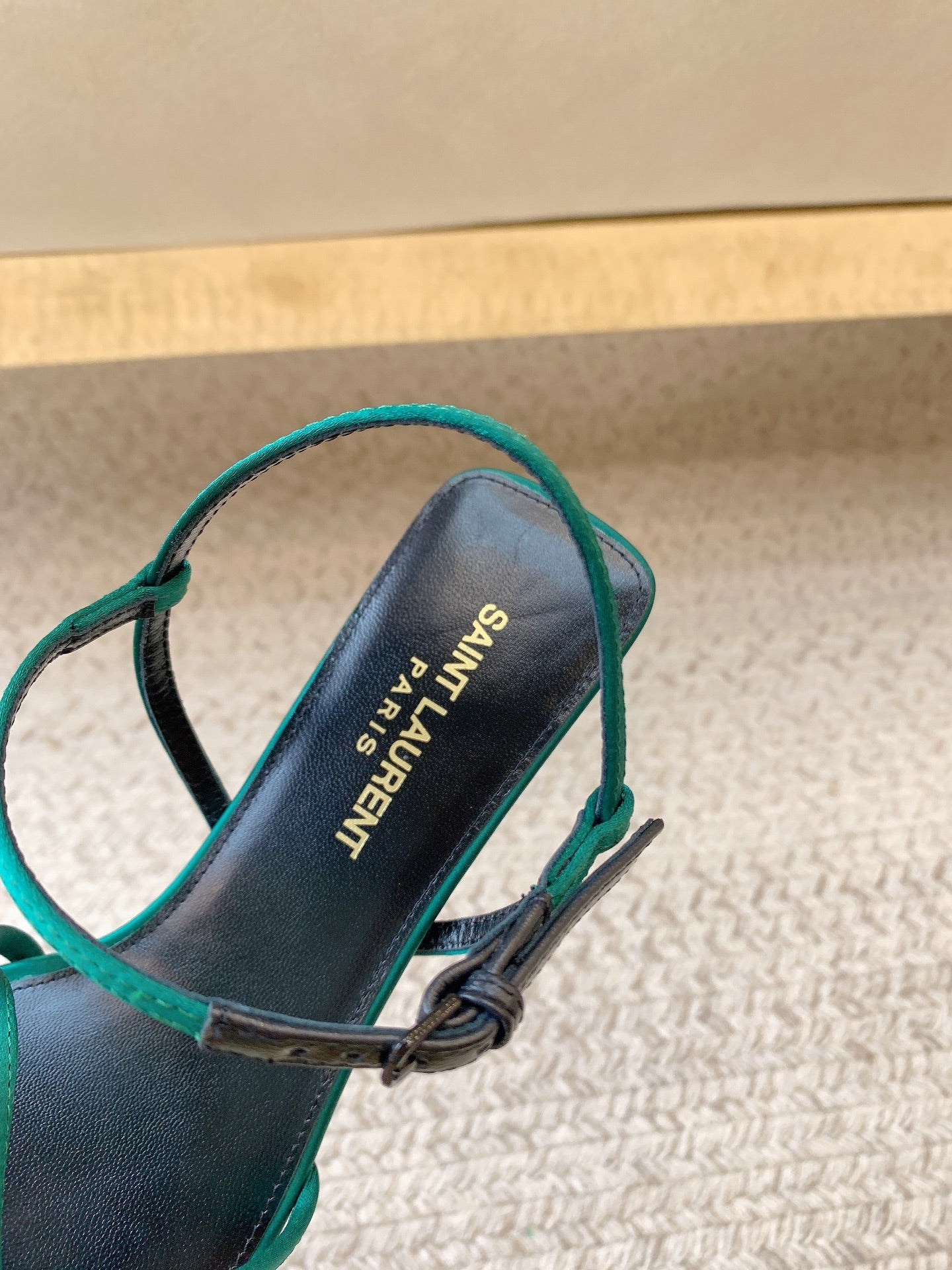 STRAPPY MID HEEL SANDALS IN TEAL GREEN SILK