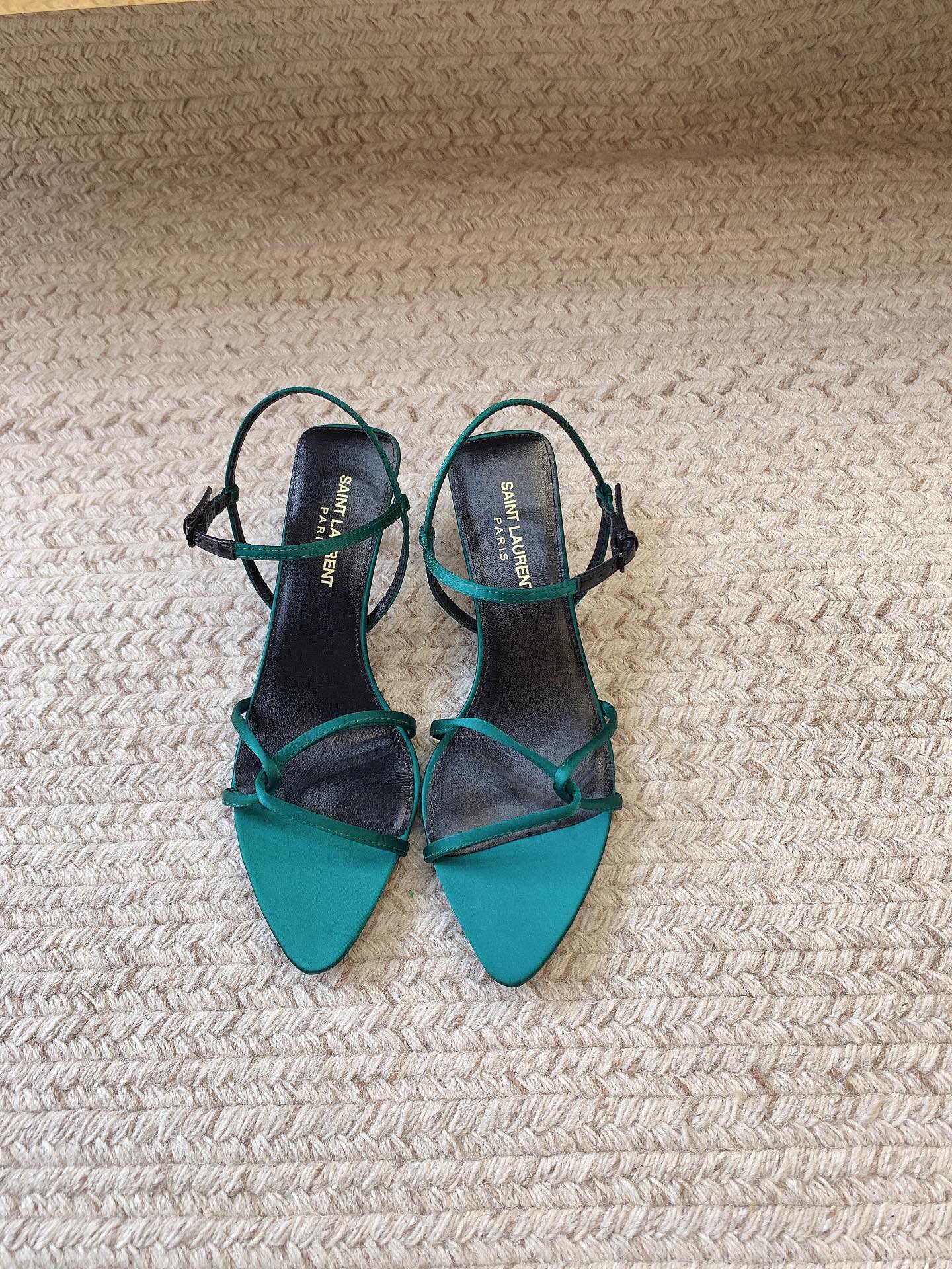 STRAPPY MID HEEL SANDALS IN TEAL GREEN SILK