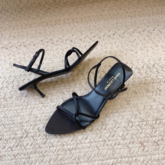 STRAPPY MID HEEL SANDALS IN BLACK SILK