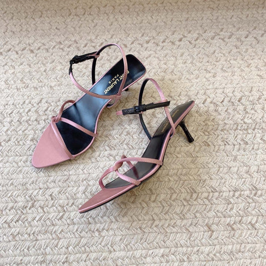 STRAPPY MID HEEL SANDALS IN PINK SILK